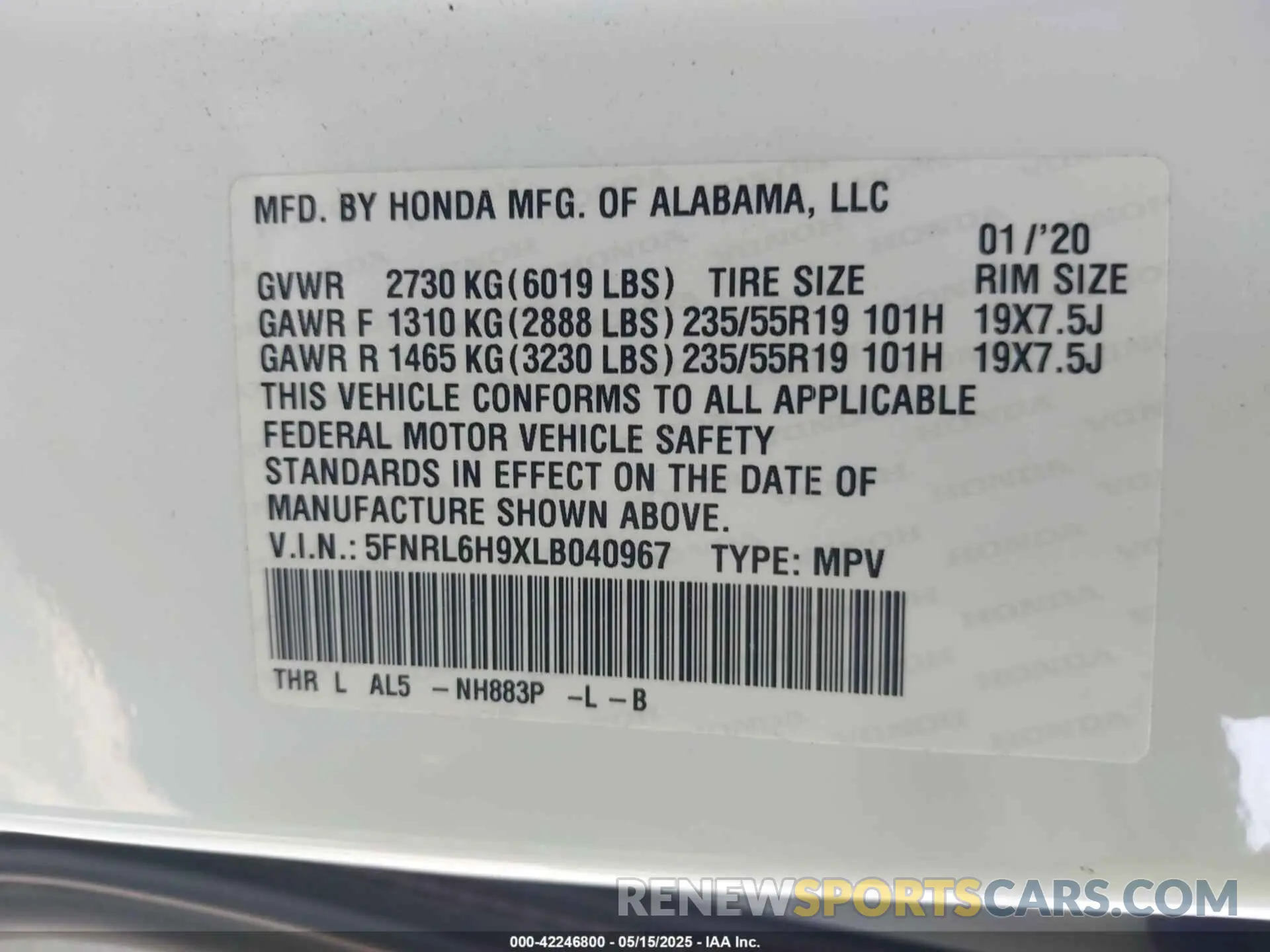 9 Photograph of a damaged car 5FNRL6H9XLB040967 HONDA ODYSSEY 2020