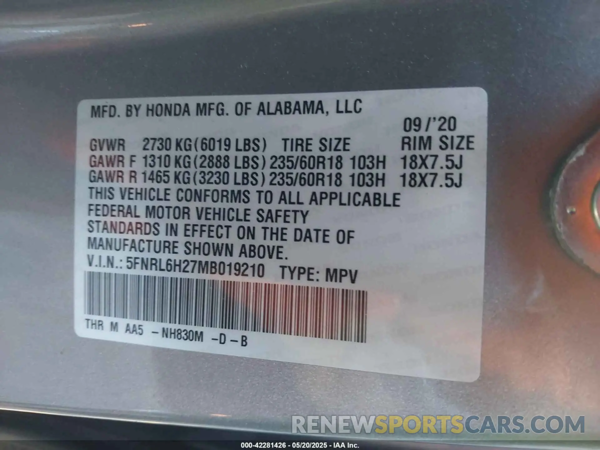 9 Photograph of a damaged car 5FNRL6H27MB019210 HONDA ODYSSEY 2021