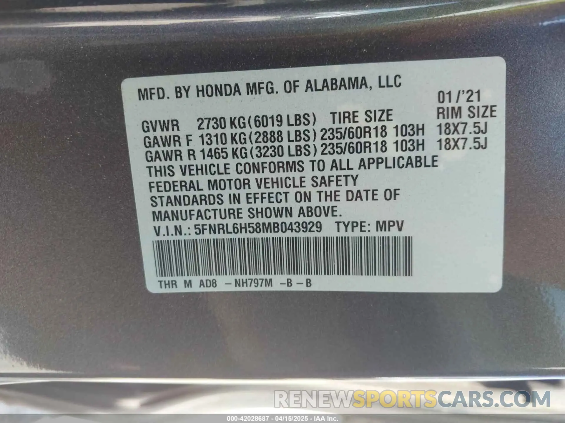 9 Photograph of a damaged car 5FNRL6H58MB043929 HONDA ODYSSEY 2021