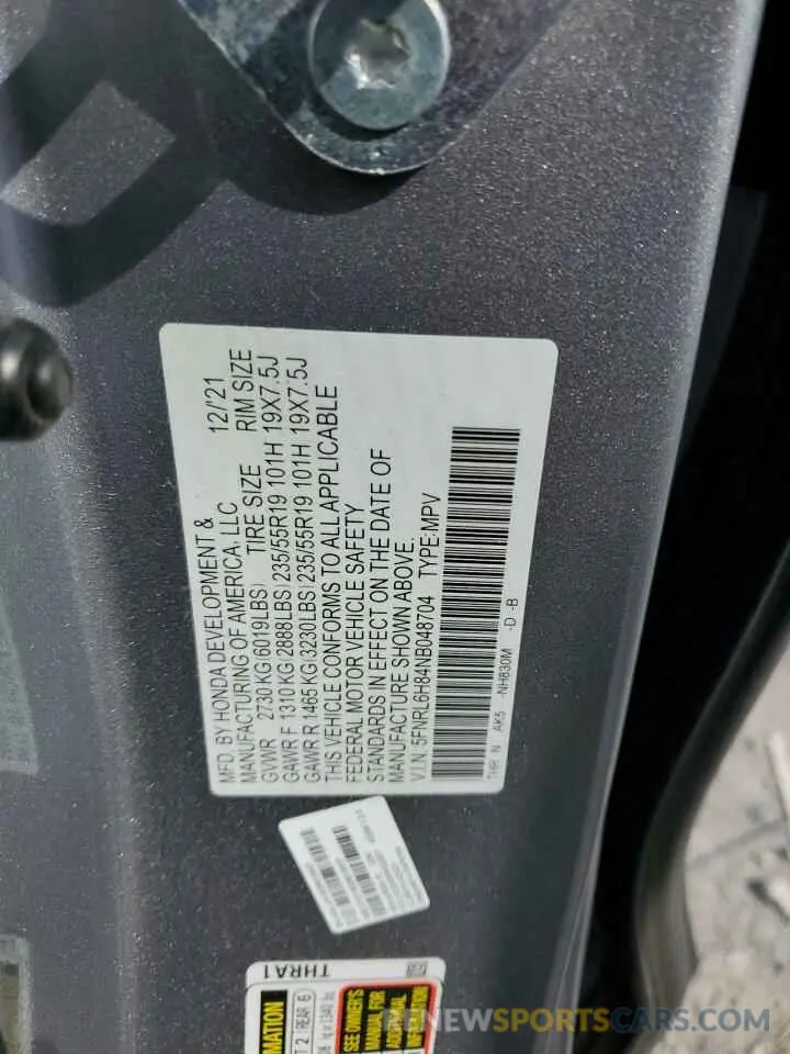 16 Photograph of a damaged car 5FNRL6H84NB048704 HONDA ODYSSEY 2022