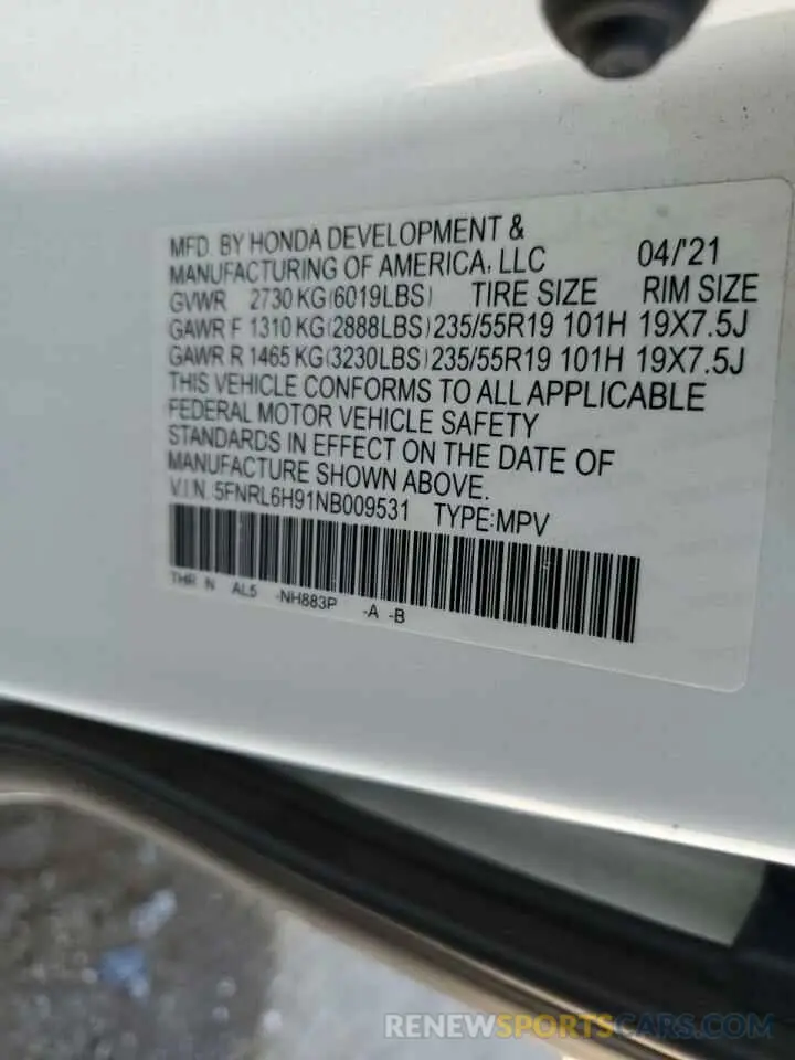 13 Photograph of a damaged car 5FNRL6H91NB009531 HONDA ODYSSEY 2022