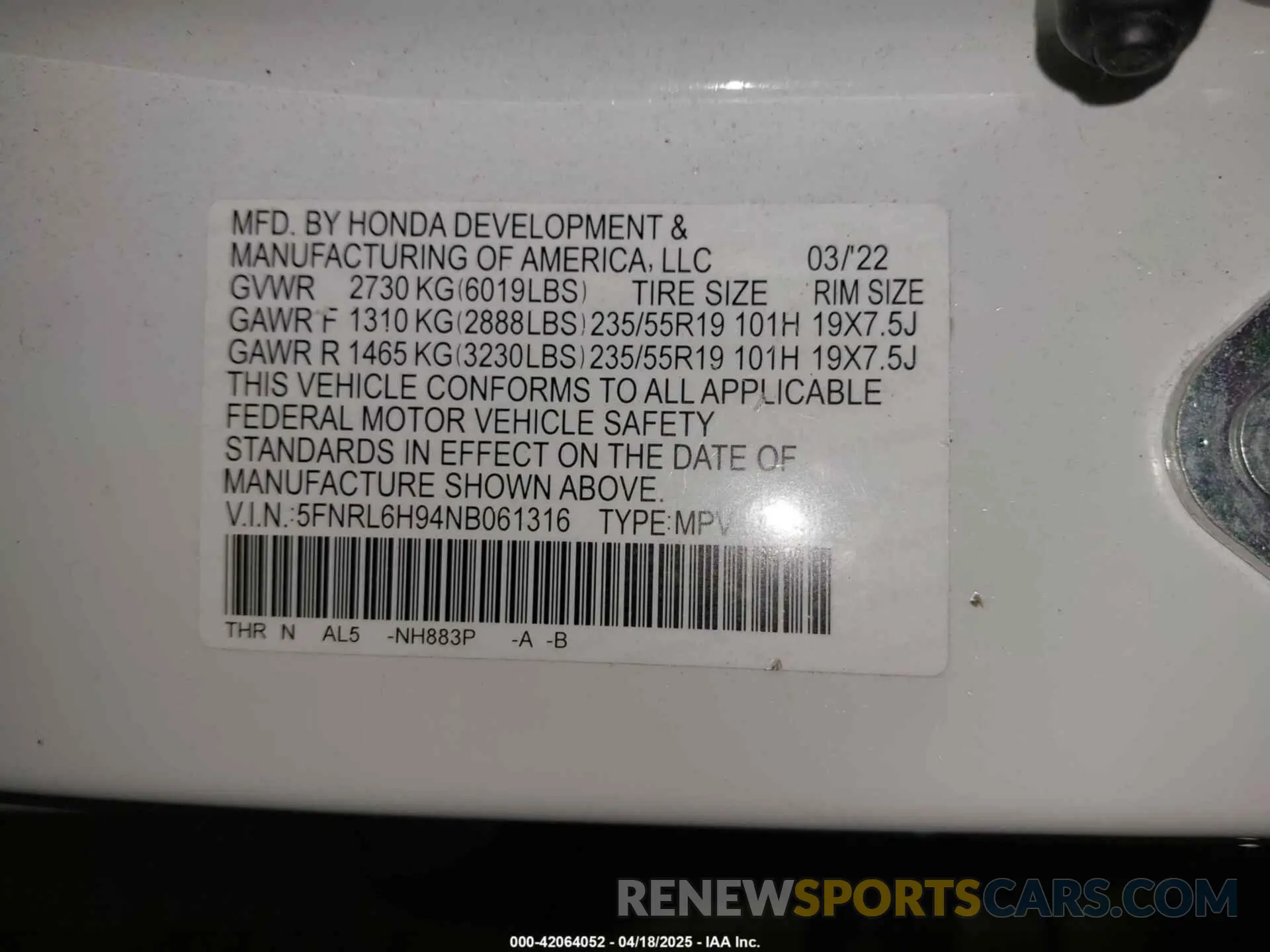 9 Photograph of a damaged car 5FNRL6H94NB061316 HONDA ODYSSEY 2022