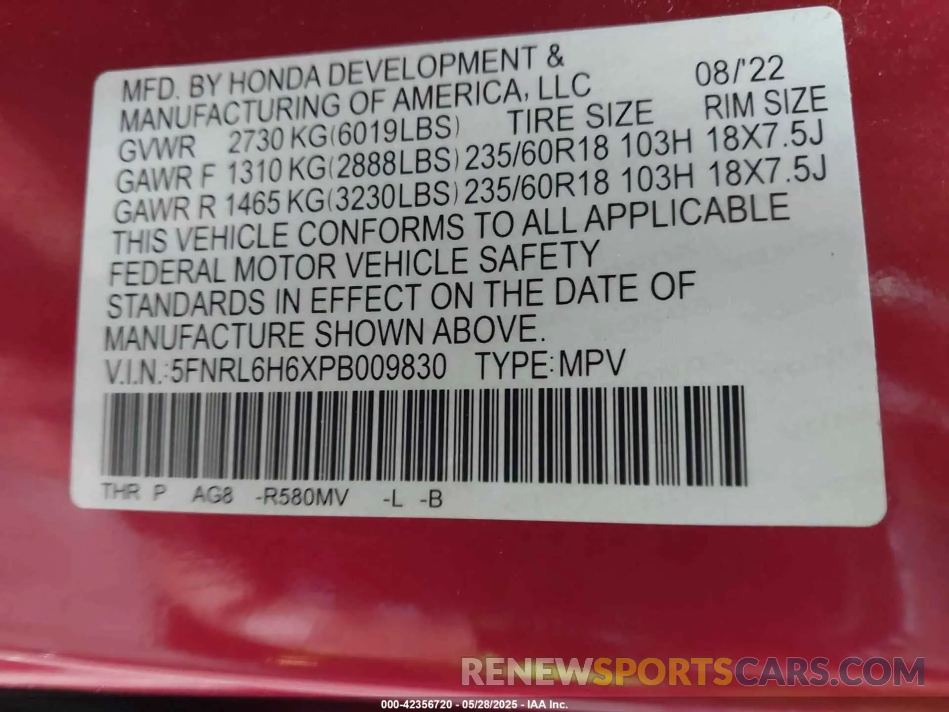 9 Photograph of a damaged car 5FNRL6H6XPB009830 HONDA ODYSSEY 2023