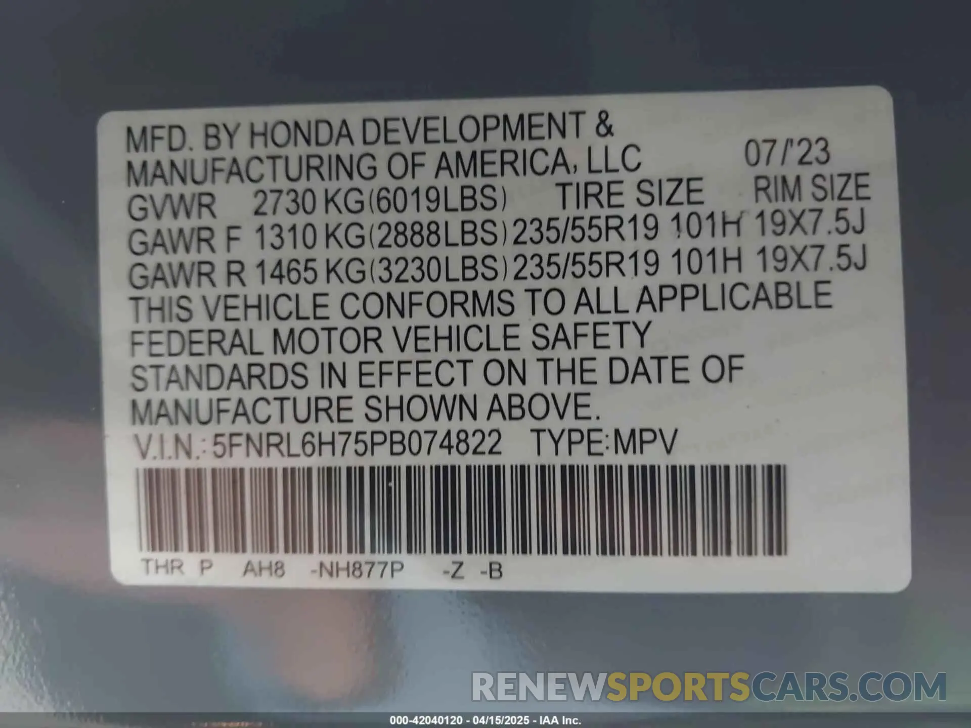 9 Photograph of a damaged car 5FNRL6H75PB074822 HONDA ODYSSEY 2023