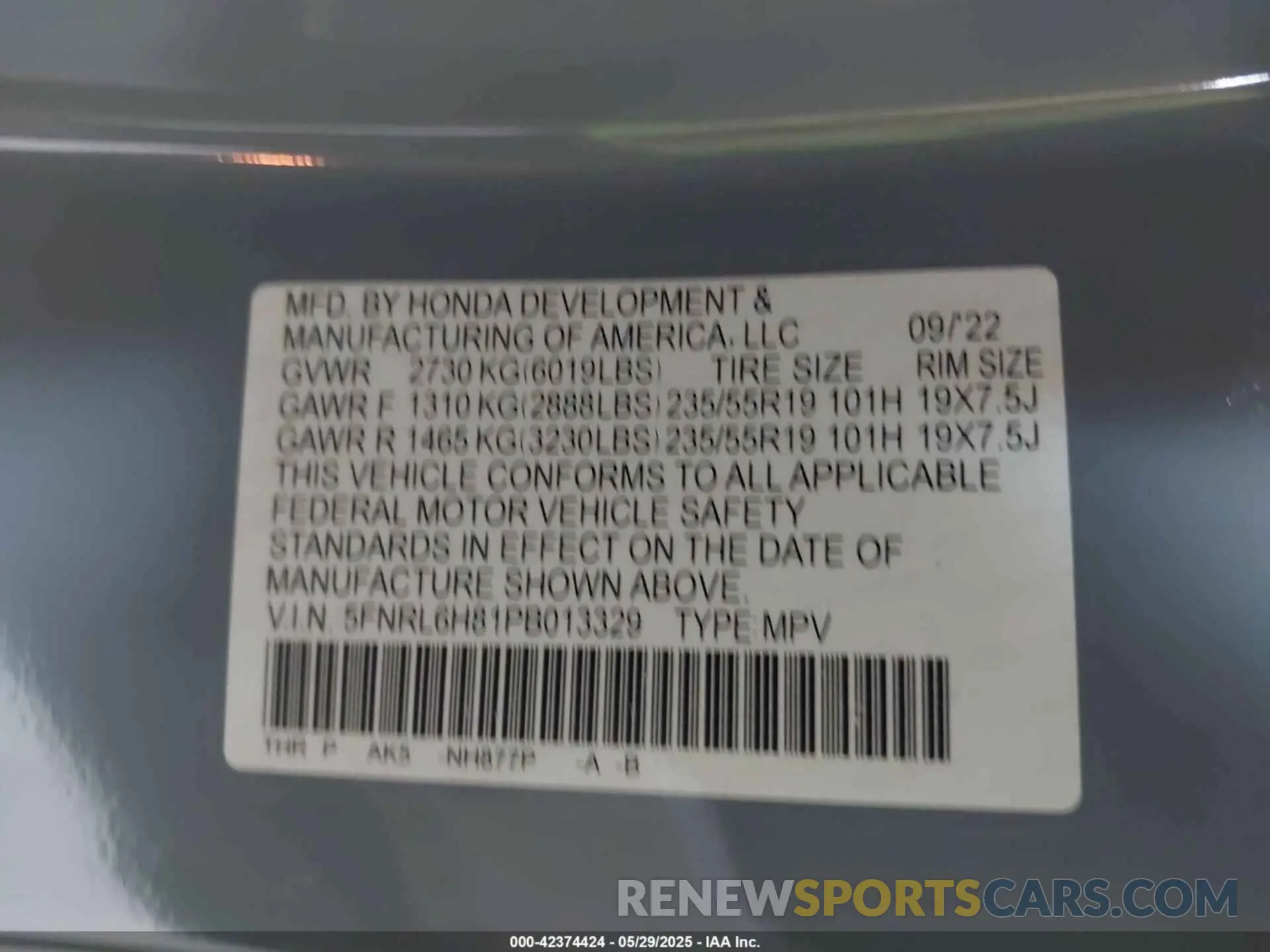9 Photograph of a damaged car 5FNRL6H81PB013329 HONDA ODYSSEY 2023