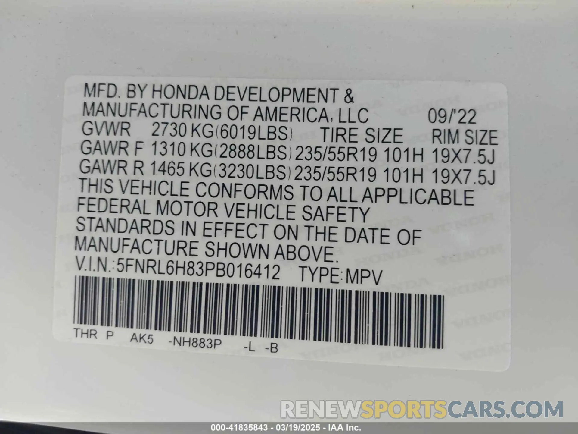 9 Photograph of a damaged car 5FNRL6H83PB016412 HONDA ODYSSEY 2023