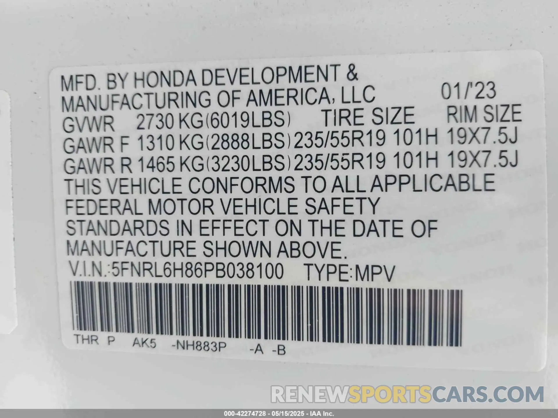 9 Photograph of a damaged car 5FNRL6H86PB038100 HONDA ODYSSEY 2023