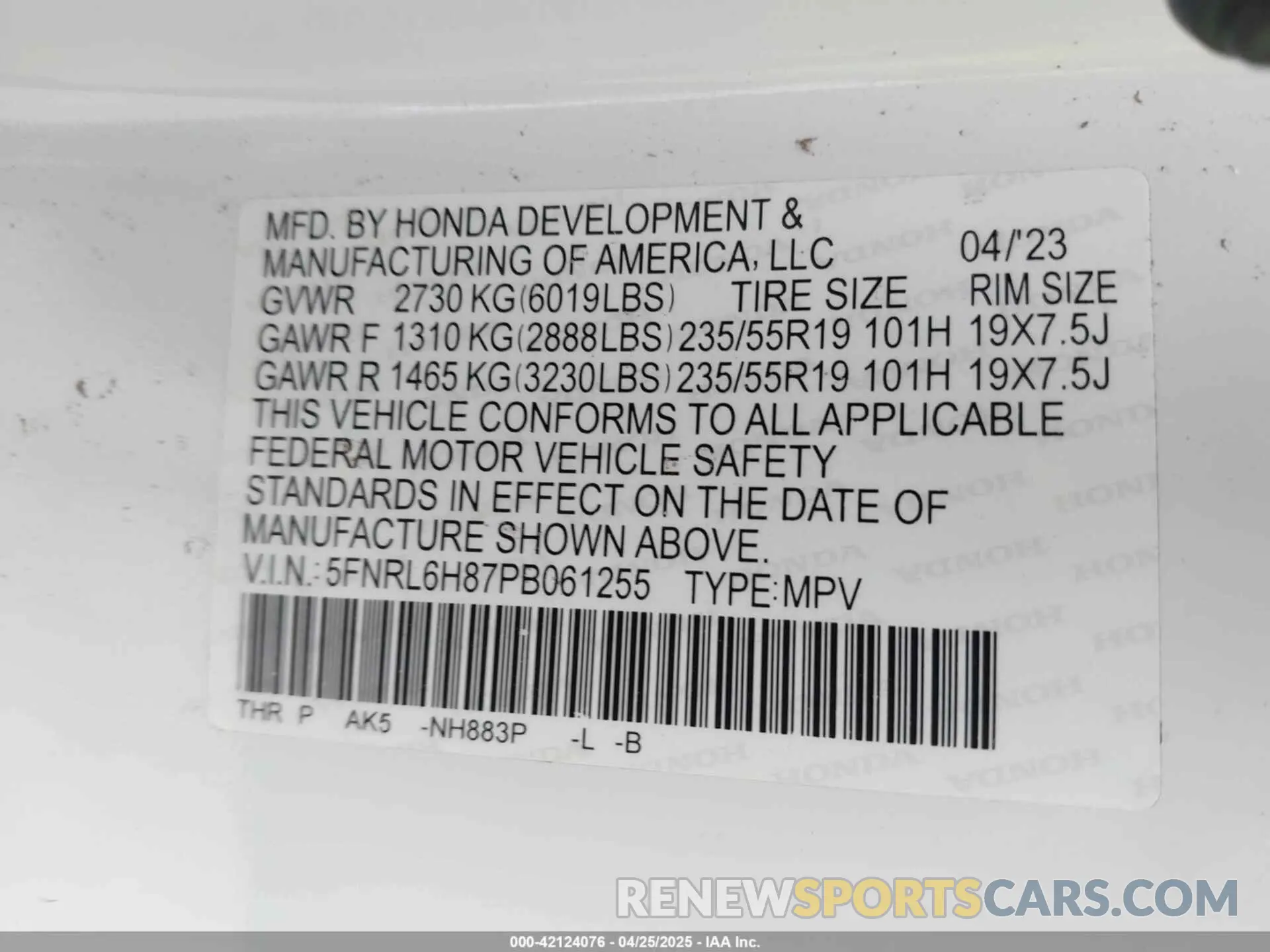 9 Photograph of a damaged car 5FNRL6H87PB061255 HONDA ODYSSEY 2023