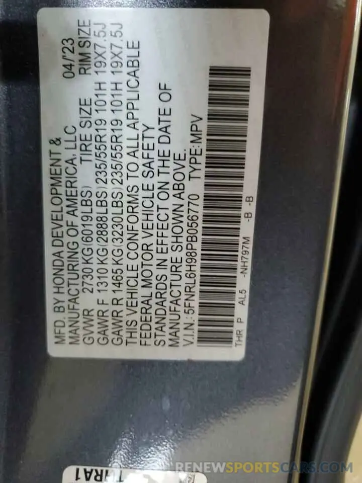 13 Photograph of a damaged car 5FNRL6H98PB056770 HONDA ODYSSEY 2023