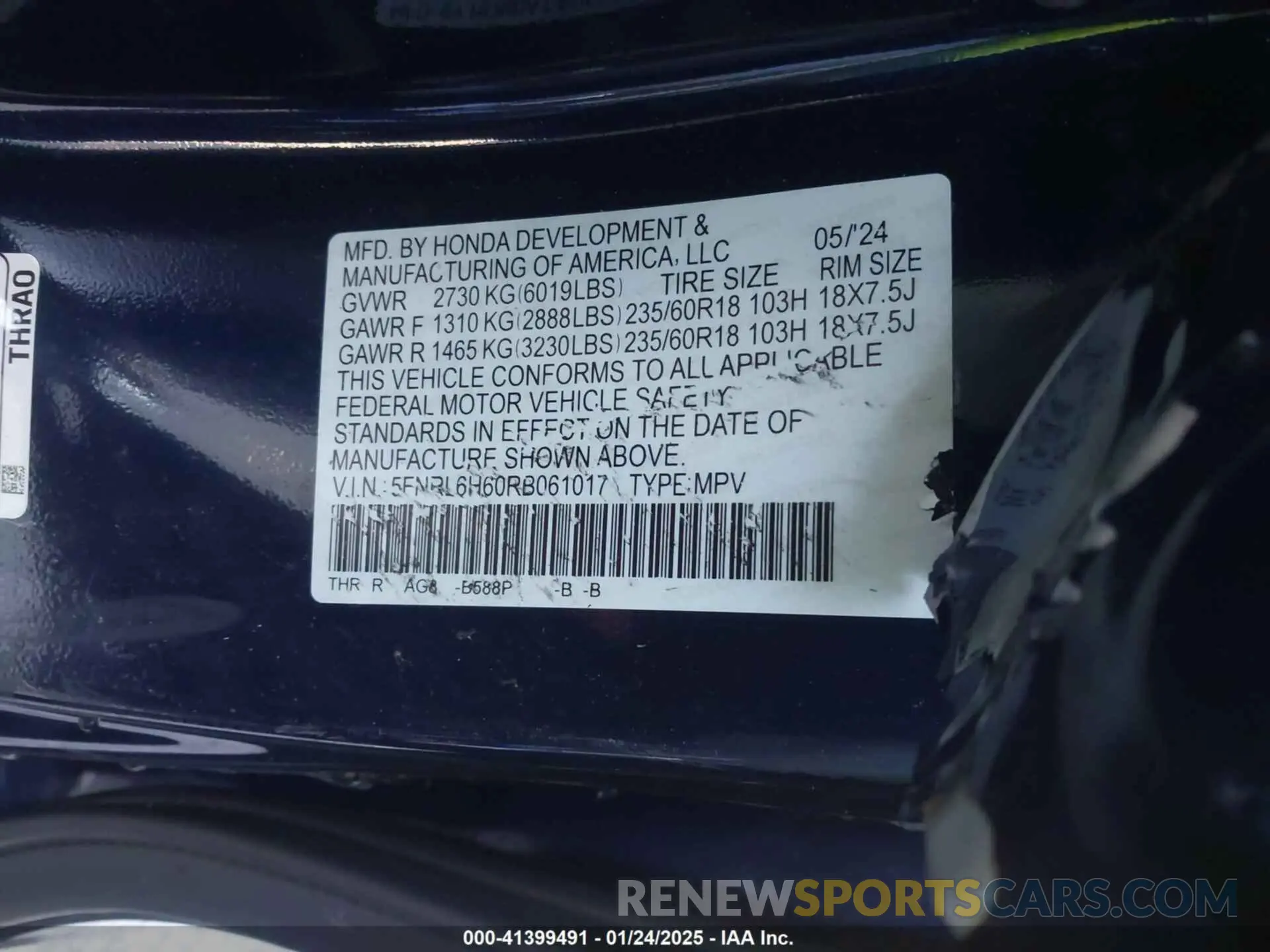 9 Photograph of a damaged car 5FNRL6H60RB061017 HONDA ODYSSEY 2024