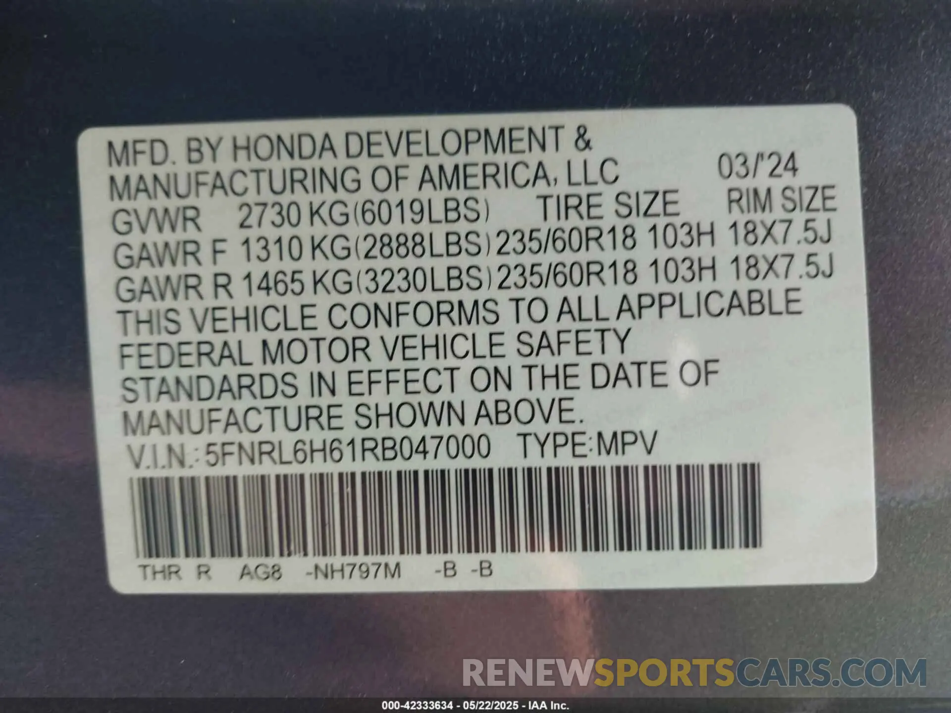 9 Photograph of a damaged car 5FNRL6H61RB047000 HONDA ODYSSEY 2024