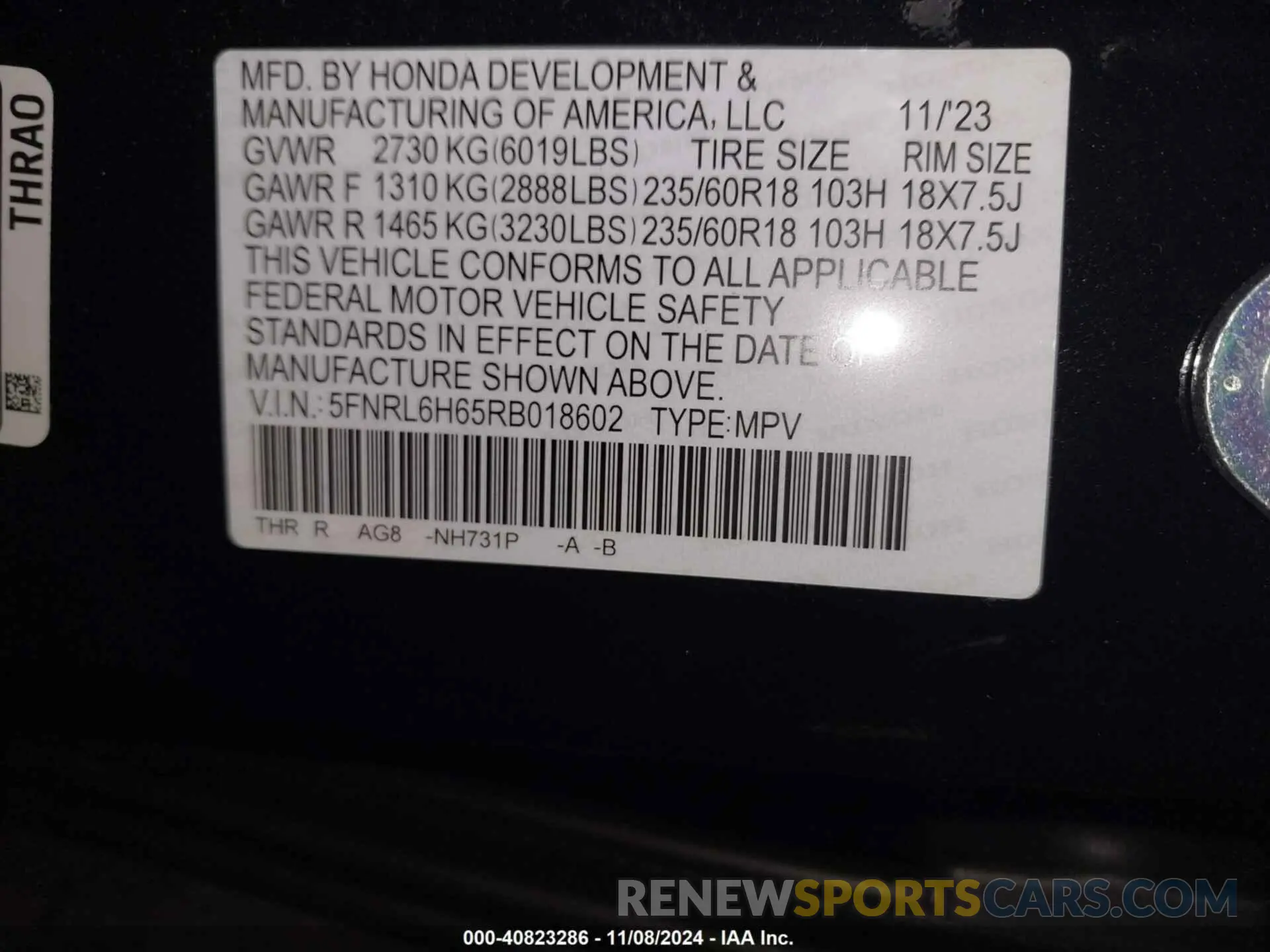 9 Photograph of a damaged car 5FNRL6H65RB018602 HONDA ODYSSEY 2024