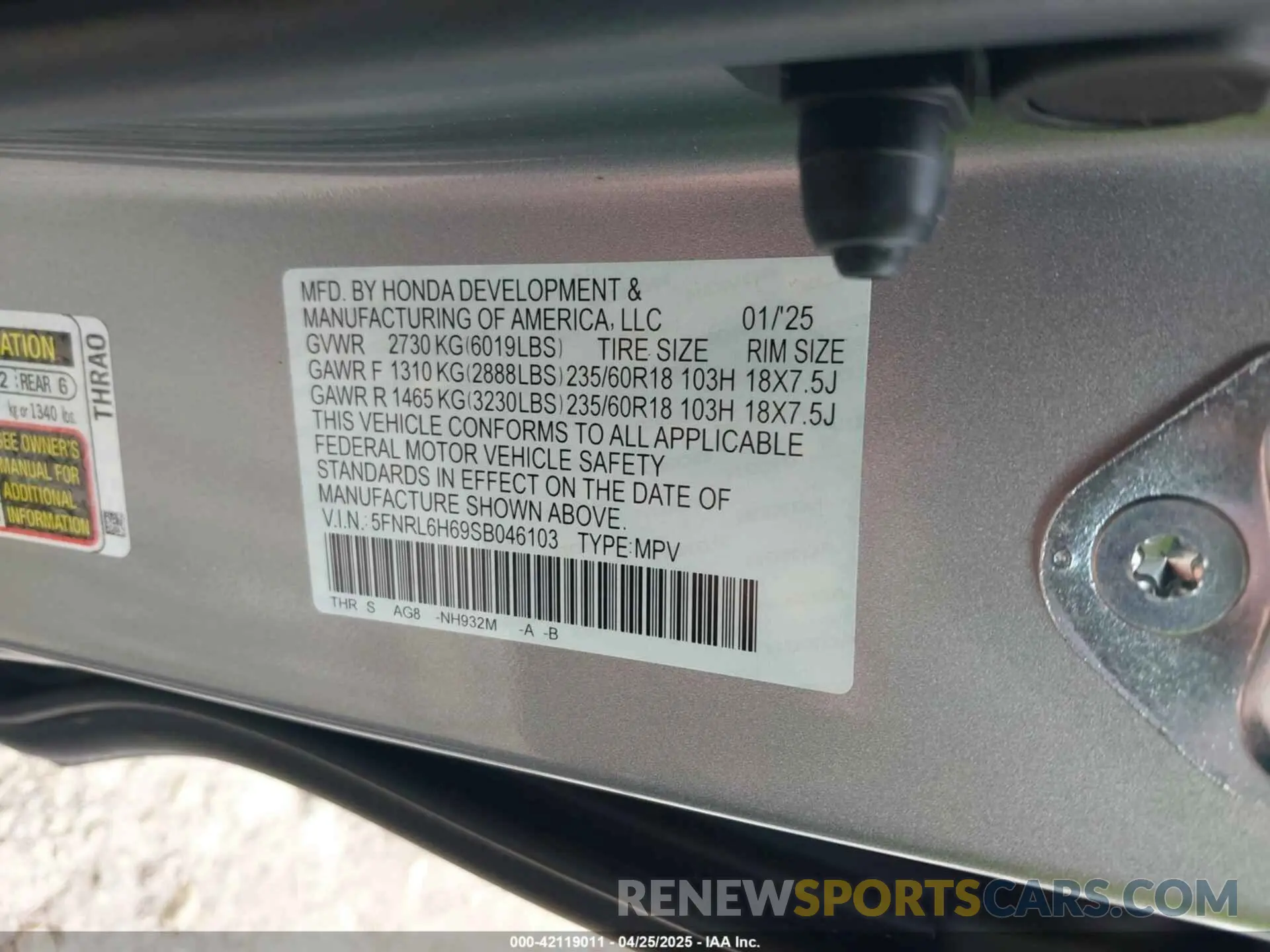 9 Photograph of a damaged car 5FNRL6H69SB046103 HONDA ODYSSEY 2025