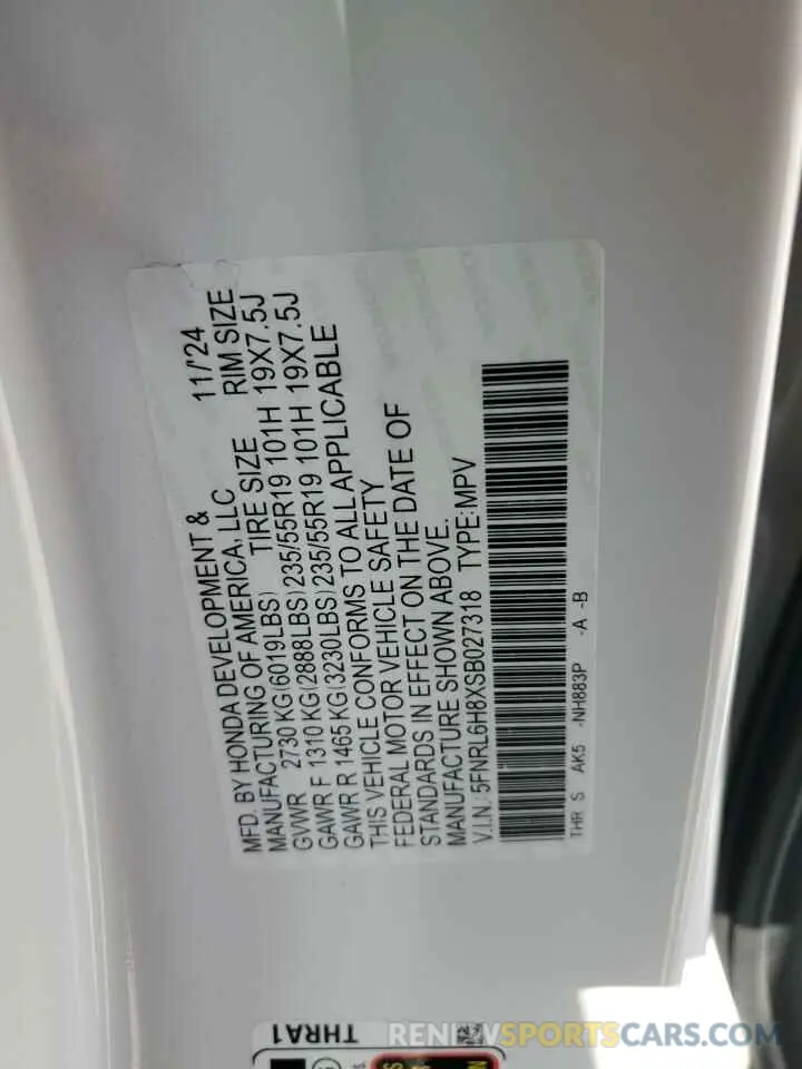 13 Photograph of a damaged car 5FNRL6H8XSB027318 HONDA ODYSSEY 2025