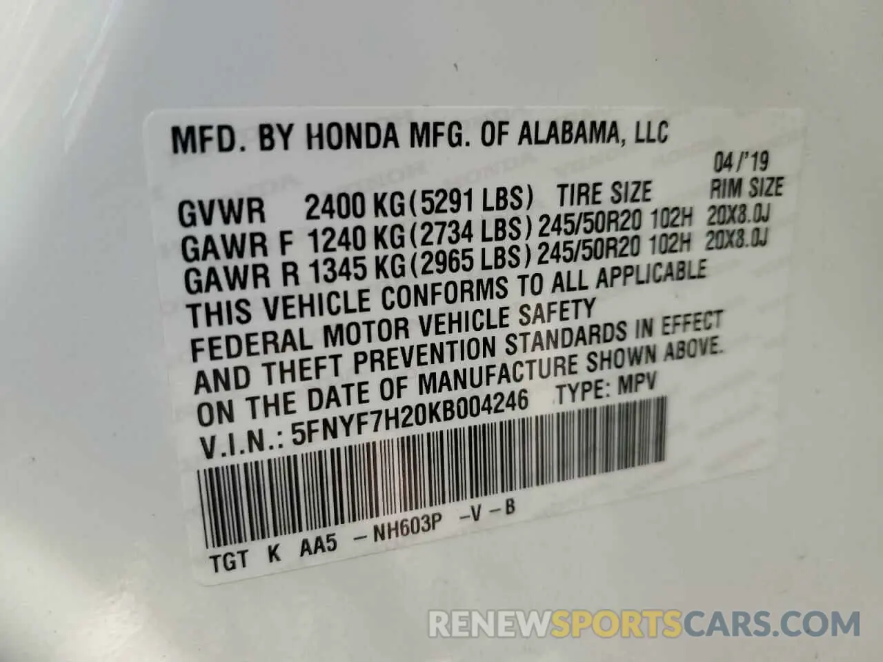 15 Photograph of a damaged car 5FNYF7H20KB004246 HONDA PASSPORT 2019