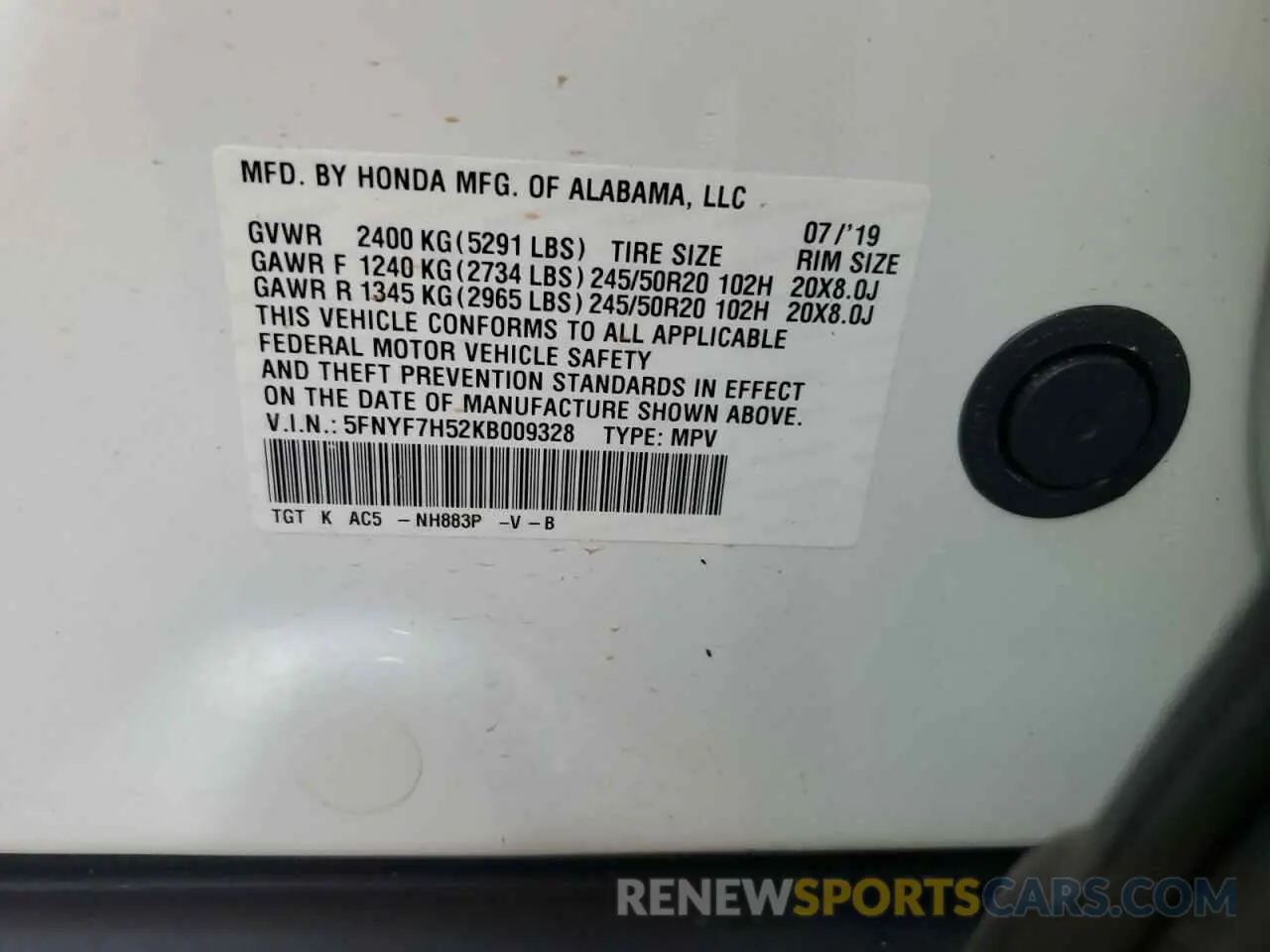 13 Photograph of a damaged car 5FNYF7H52KB009328 HONDA PASSPORT 2019