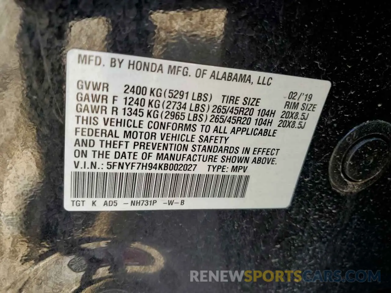 12 Photograph of a damaged car 5FNYF7H94KB002027 HONDA PASSPORT 2019