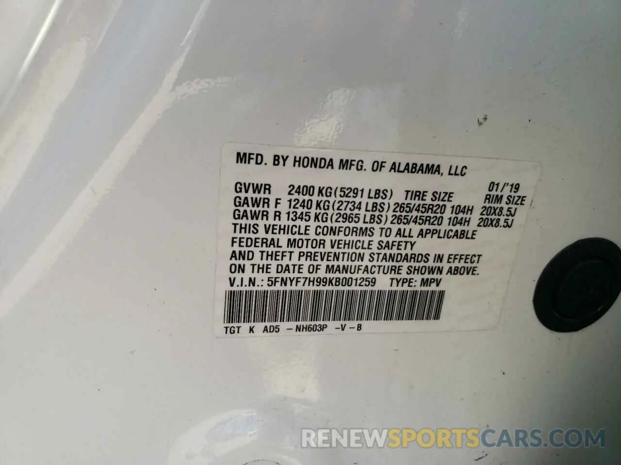 13 Photograph of a damaged car 5FNYF7H99KB001259 HONDA PASSPORT 2019