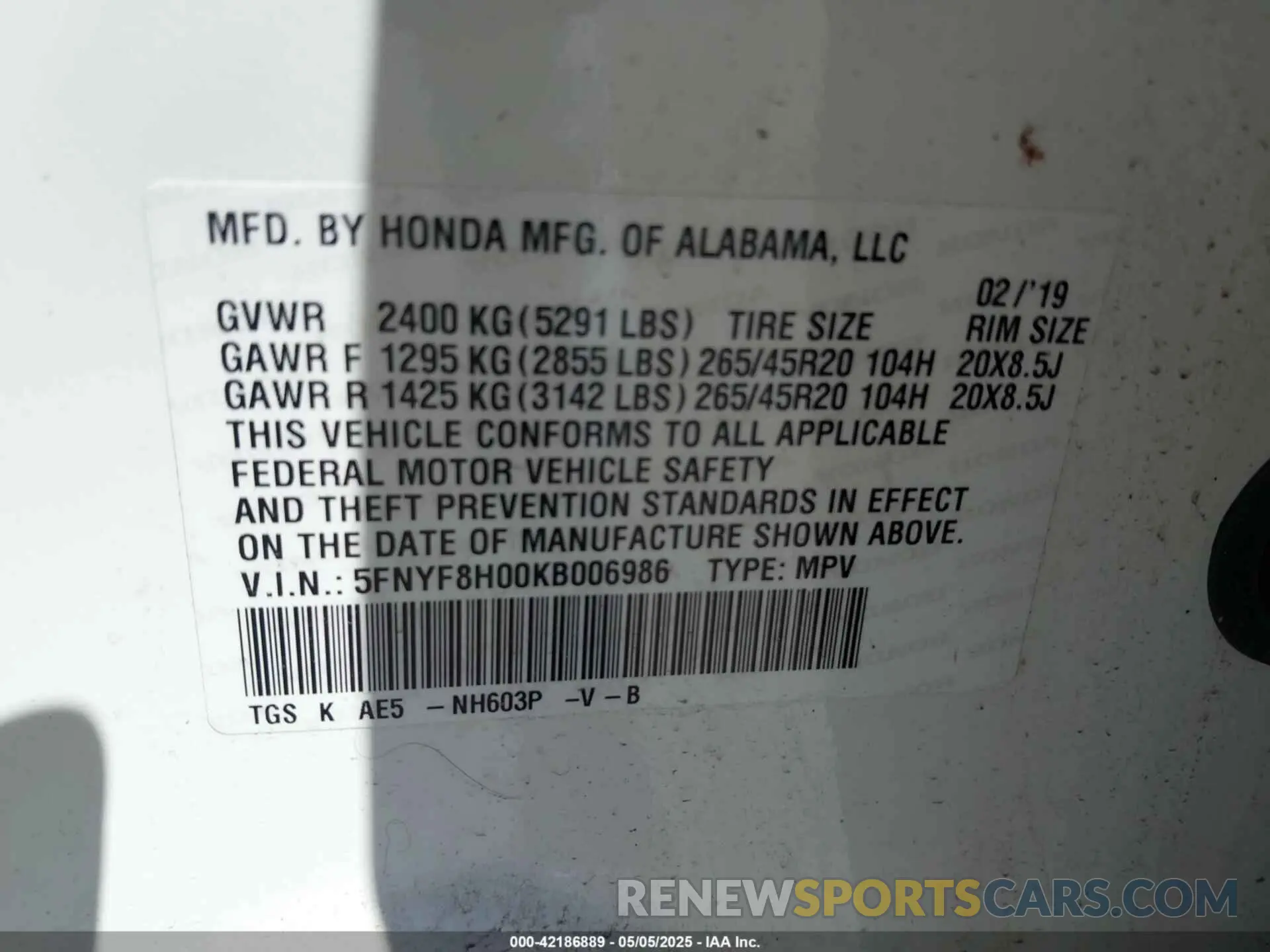 9 Photograph of a damaged car 5FNYF8H00KB006986 HONDA PASSPORT 2019