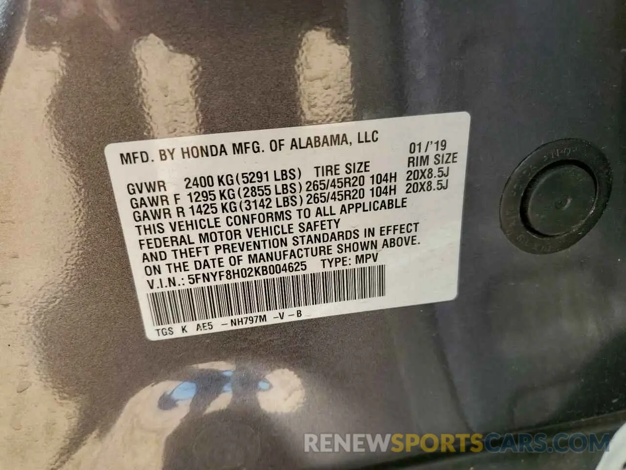 13 Photograph of a damaged car 5FNYF8H02KB004625 HONDA PASSPORT 2019