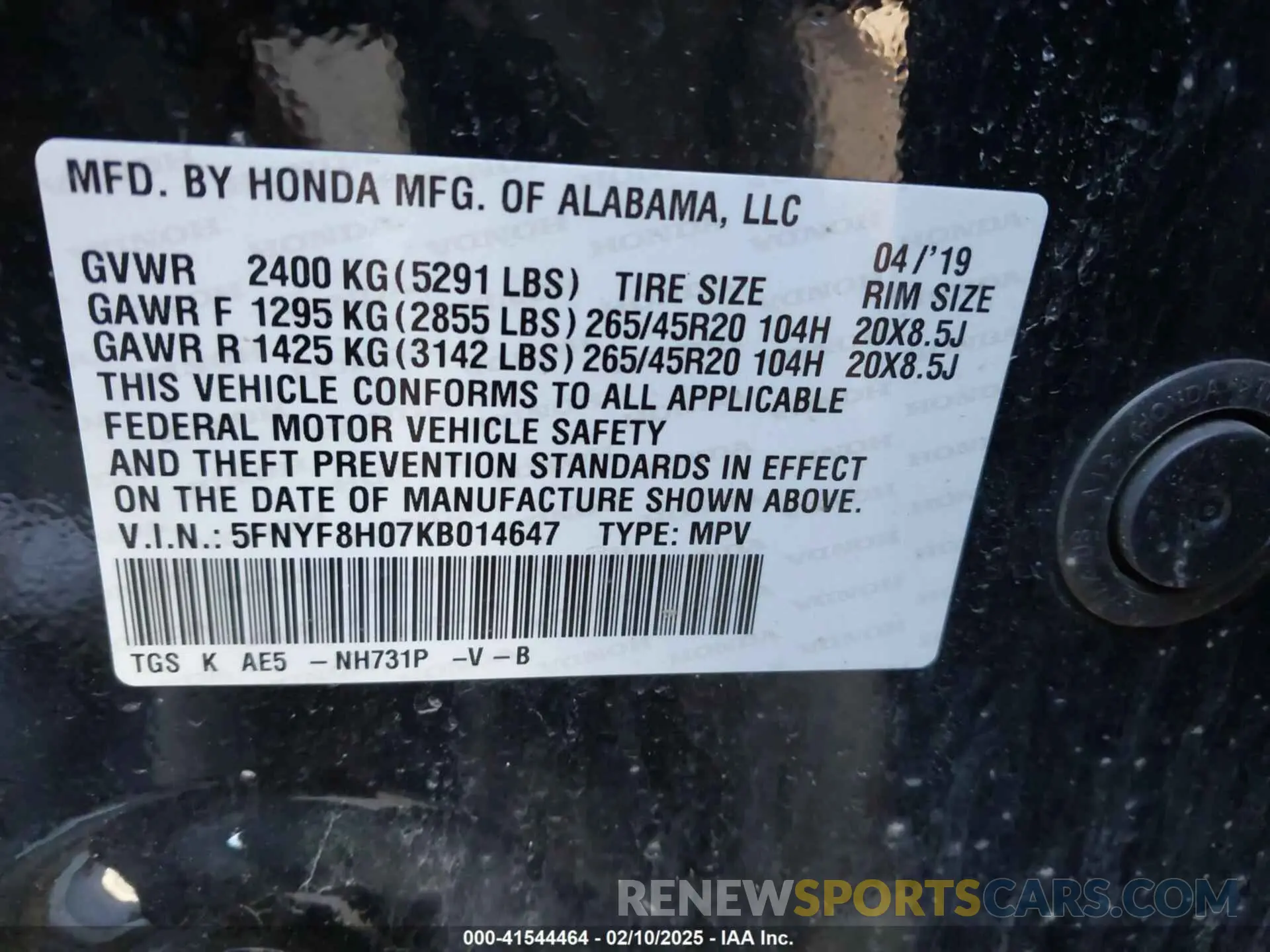 9 Photograph of a damaged car 5FNYF8H07KB014647 HONDA PASSPORT 2019