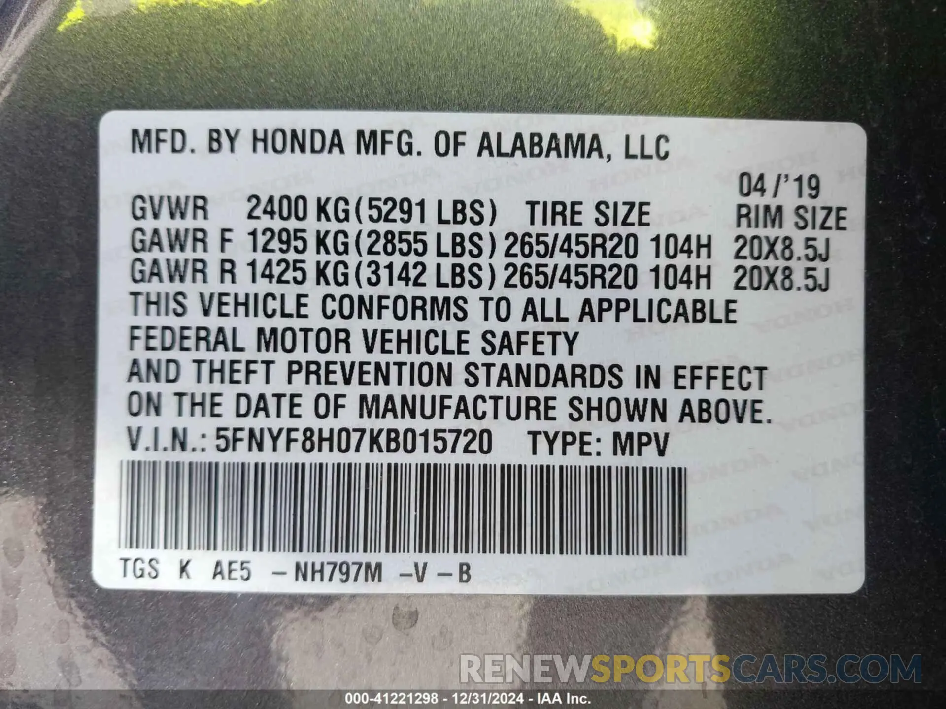 9 Photograph of a damaged car 5FNYF8H07KB015720 HONDA PASSPORT 2019