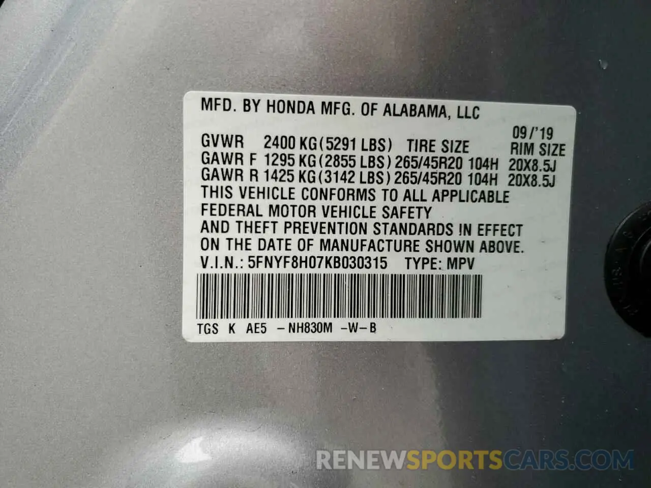 13 Photograph of a damaged car 5FNYF8H07KB030315 HONDA PASSPORT 2019