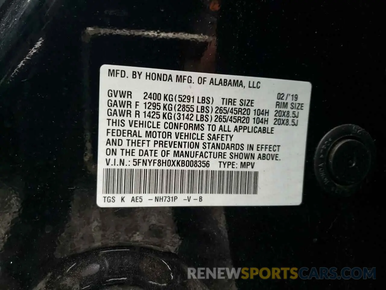 13 Photograph of a damaged car 5FNYF8H0XKB008356 HONDA PASSPORT 2019