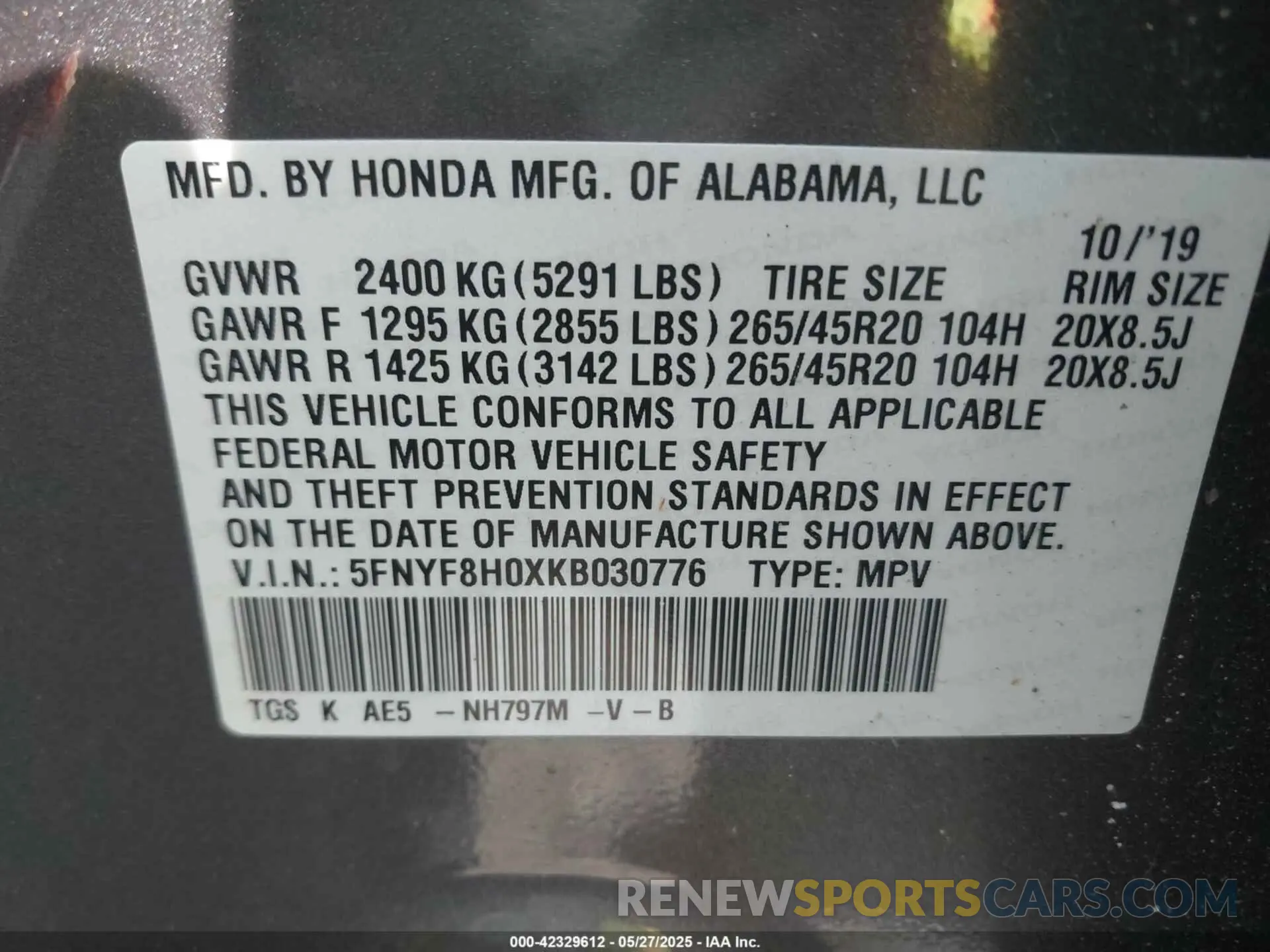 9 Photograph of a damaged car 5FNYF8H0XKB030776 HONDA PASSPORT 2019