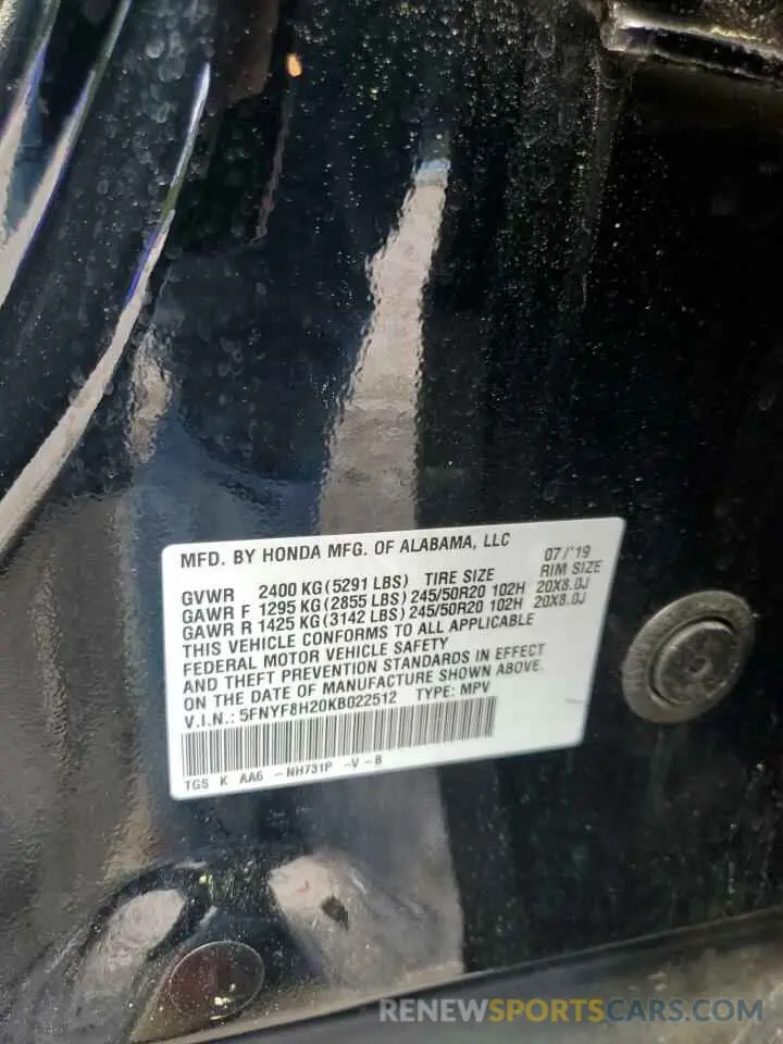 13 Photograph of a damaged car 5FNYF8H20KB022512 HONDA PASSPORT 2019
