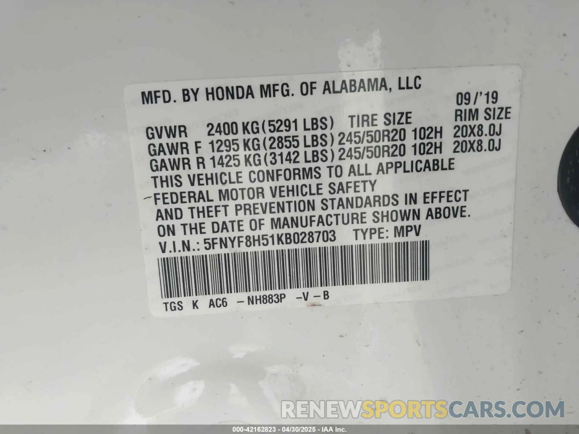 9 Photograph of a damaged car 5FNYF8H51KB028703 HONDA PASSPORT 2019