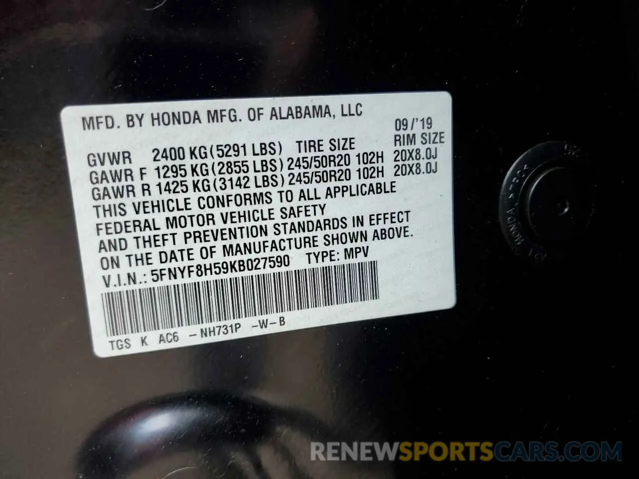 13 Photograph of a damaged car 5FNYF8H59KB027590 HONDA PASSPORT 2019