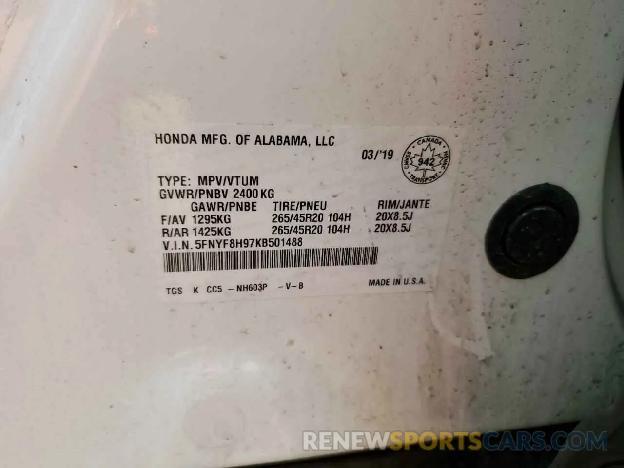 14 Photograph of a damaged car 5FNYF8H97KB501488 HONDA PASSPORT 2019