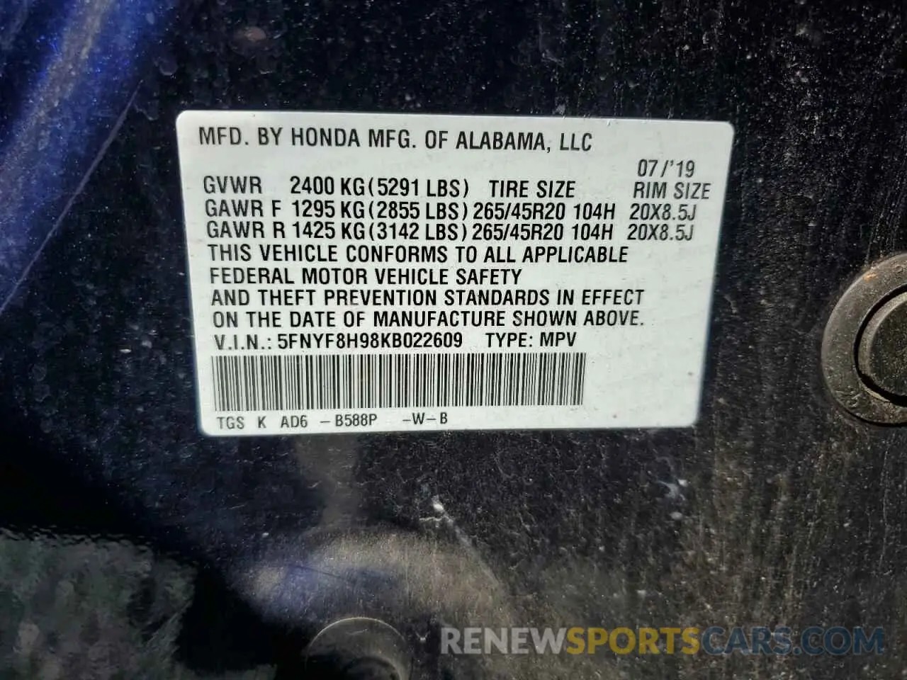 13 Photograph of a damaged car 5FNYF8H98KB022609 HONDA PASSPORT 2019