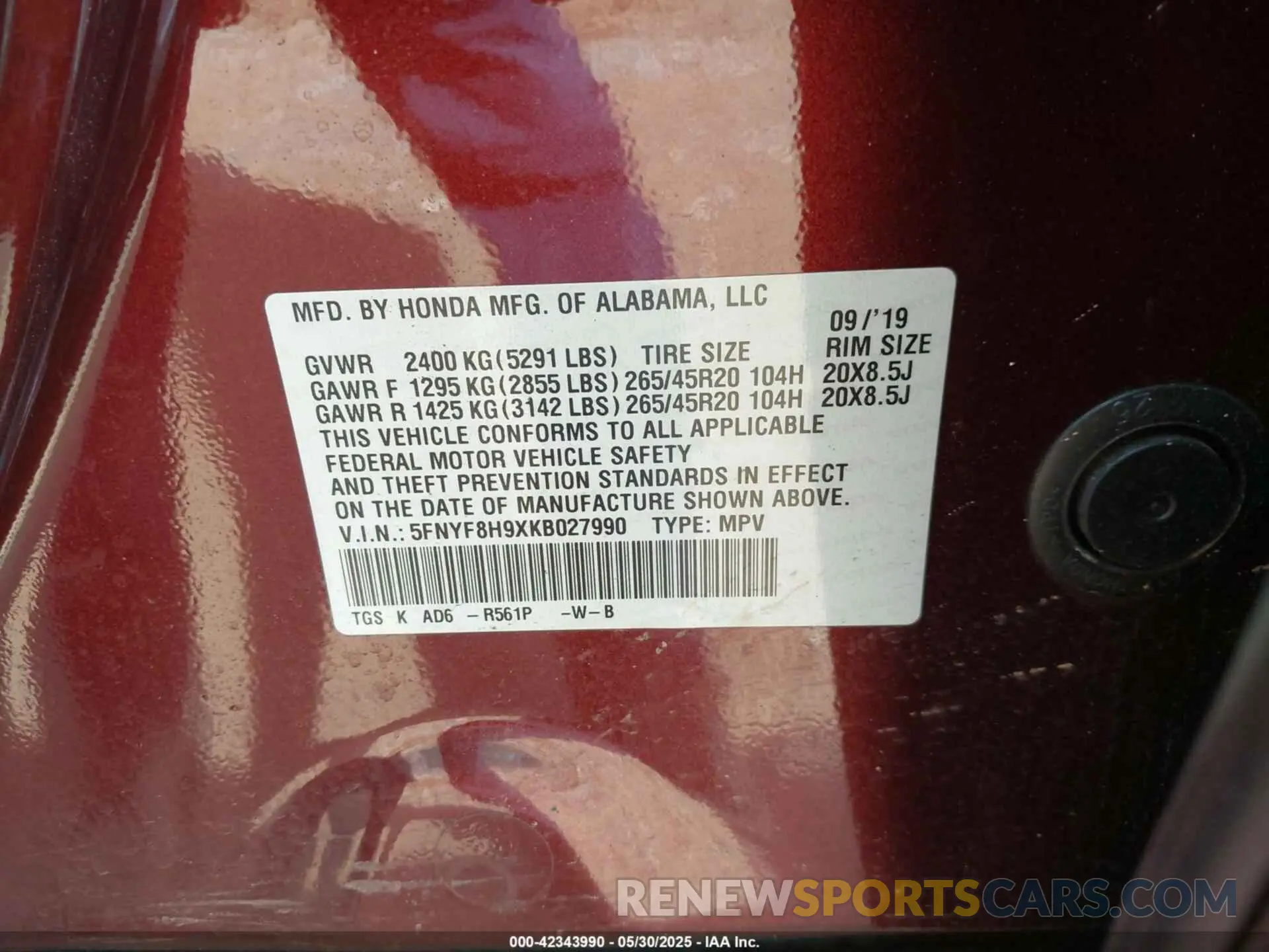 9 Photograph of a damaged car 5FNYF8H9XKB027990 HONDA PASSPORT 2019