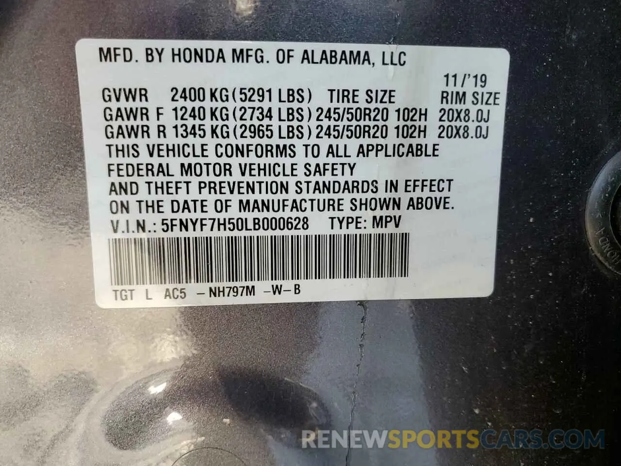 13 Photograph of a damaged car 5FNYF7H50LB000628 HONDA PASSPORT 2020