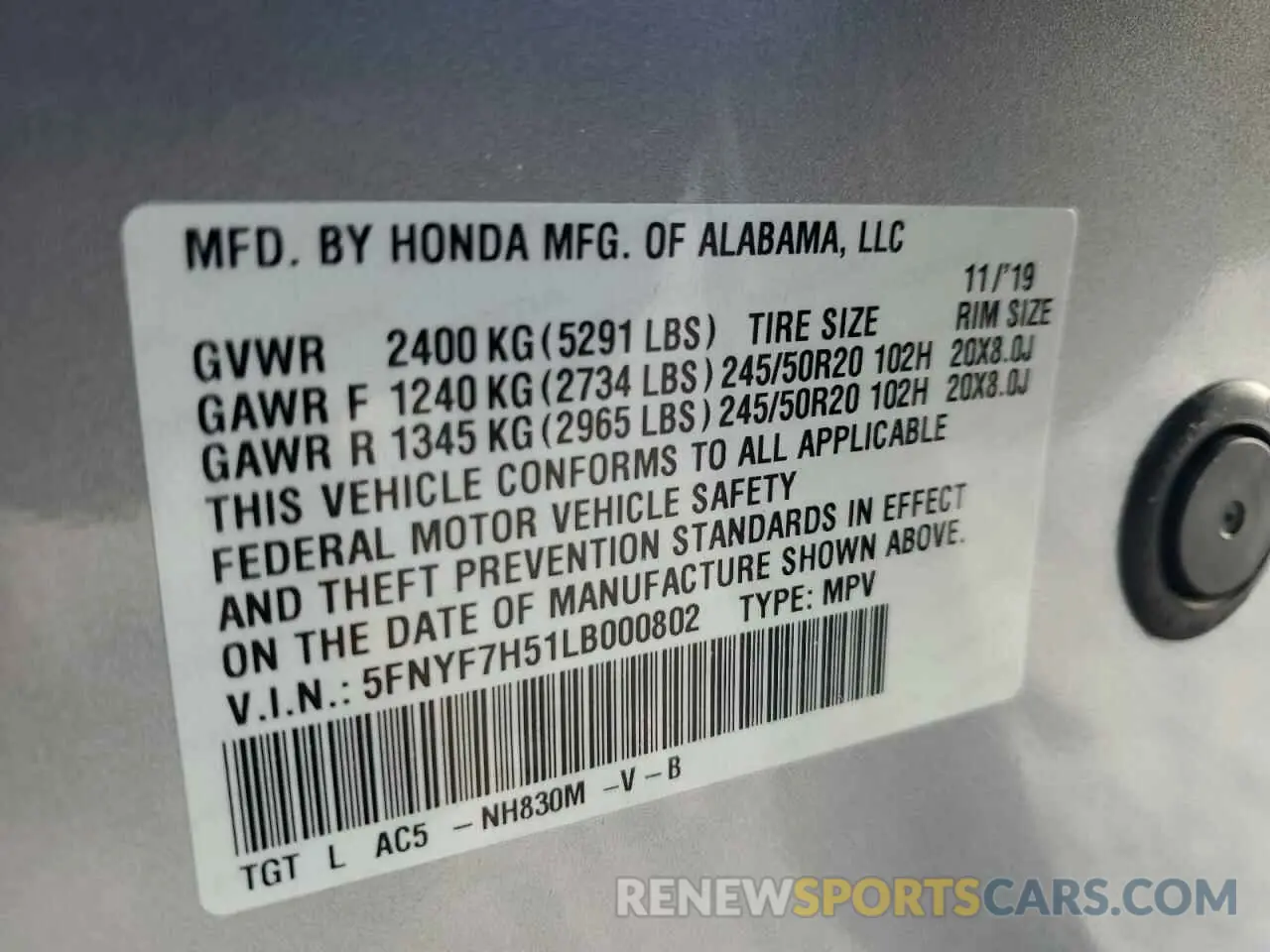 13 Photograph of a damaged car 5FNYF7H51LB000802 HONDA PASSPORT 2020