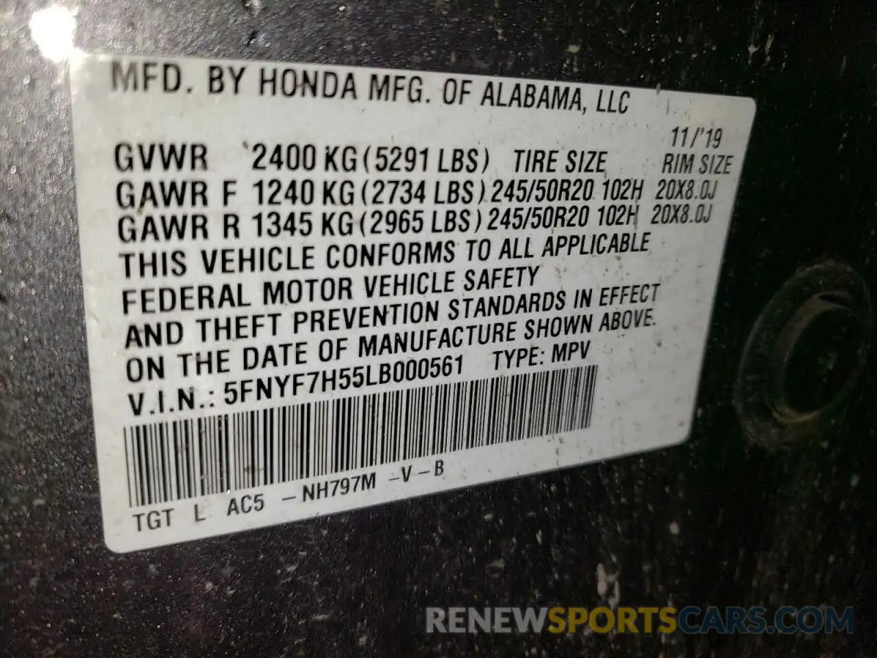 13 Photograph of a damaged car 5FNYF7H55LB000561 HONDA PASSPORT 2020