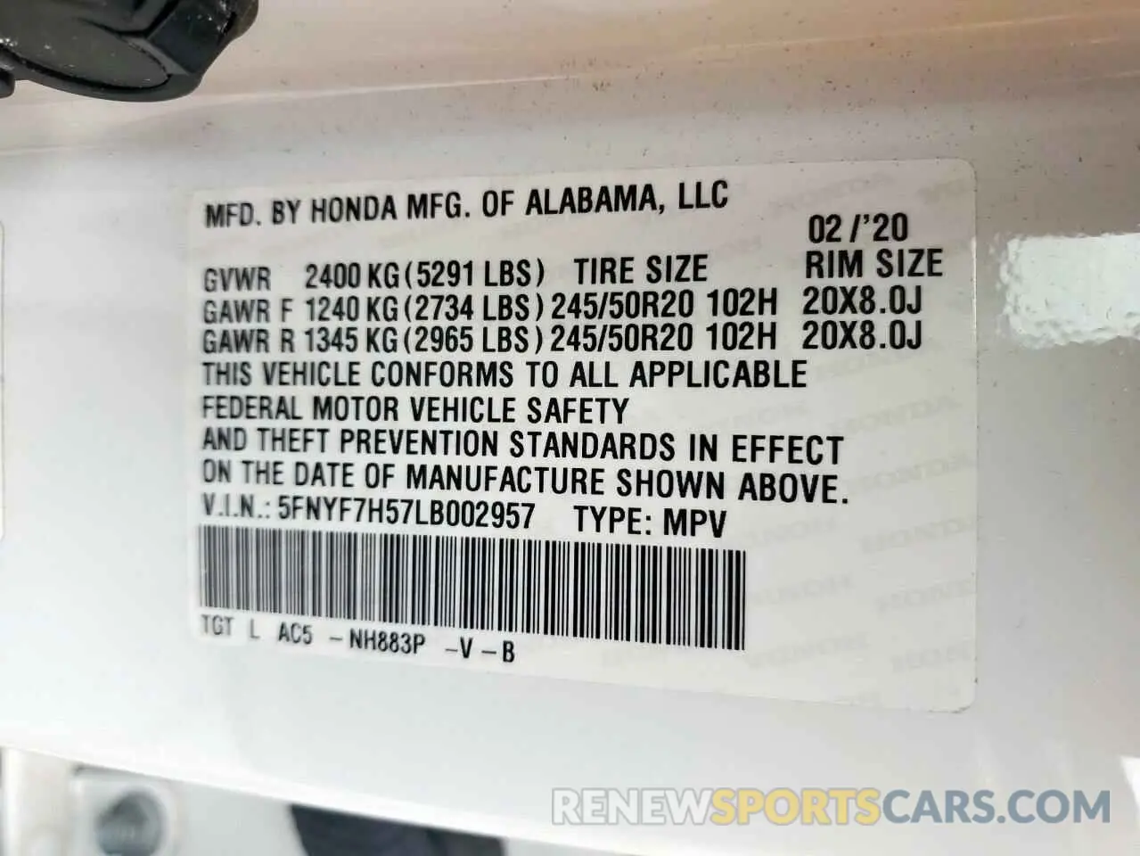 13 Photograph of a damaged car 5FNYF7H57LB002957 HONDA PASSPORT 2020