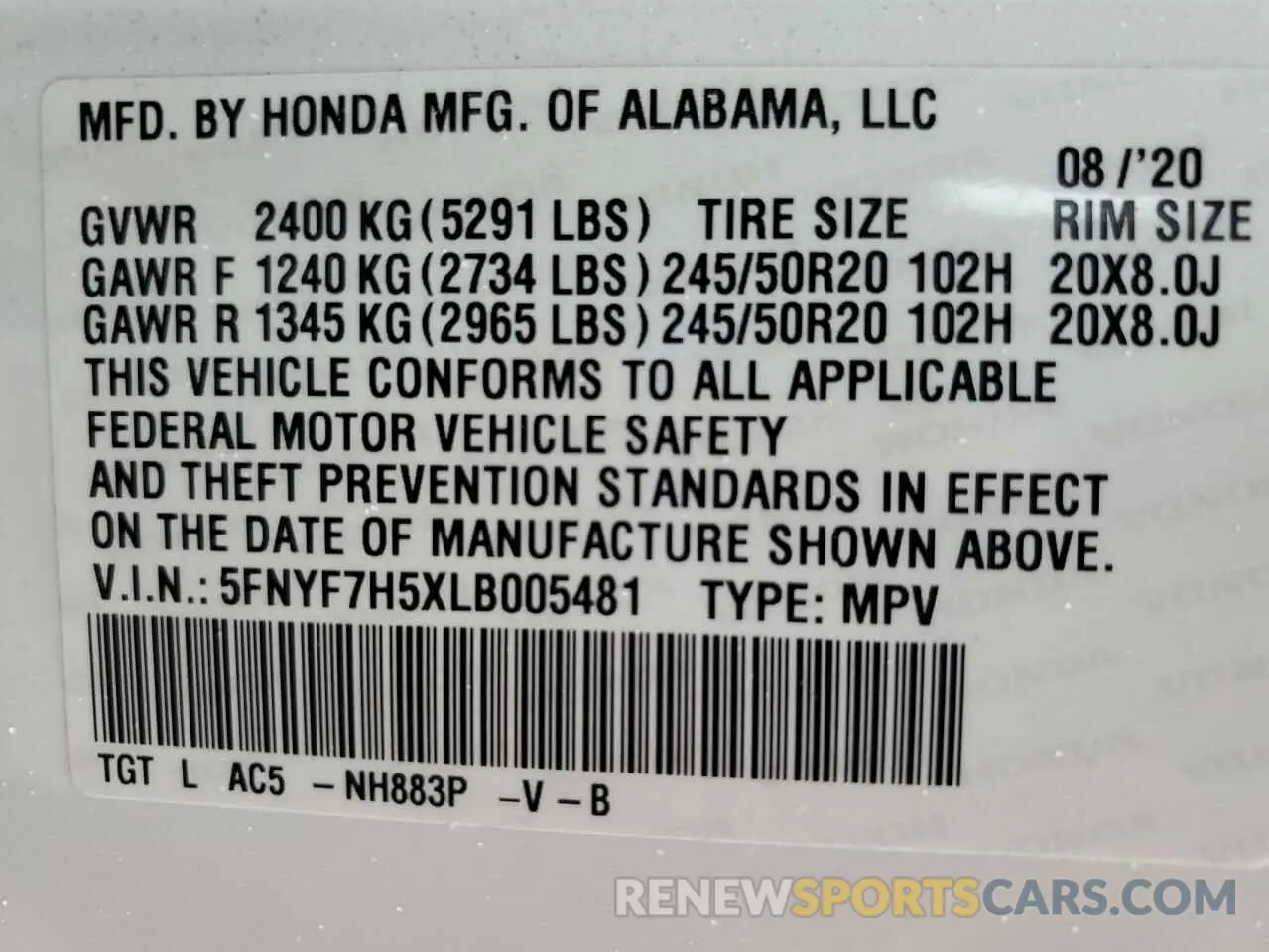 13 Photograph of a damaged car 5FNYF7H5XLB005481 HONDA PASSPORT 2020