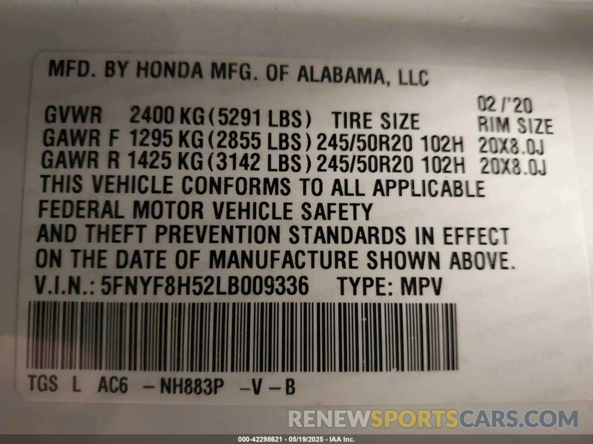 9 Photograph of a damaged car 5FNYF8H52LB009336 HONDA PASSPORT 2020