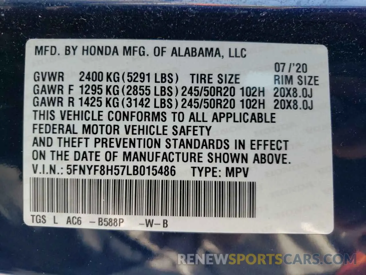 15 Photograph of a damaged car 5FNYF8H57LB015486 HONDA PASSPORT 2020