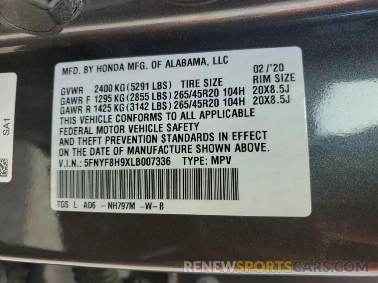 13 Photograph of a damaged car 5FNYF8H9XLB007336 HONDA PASSPORT 2020