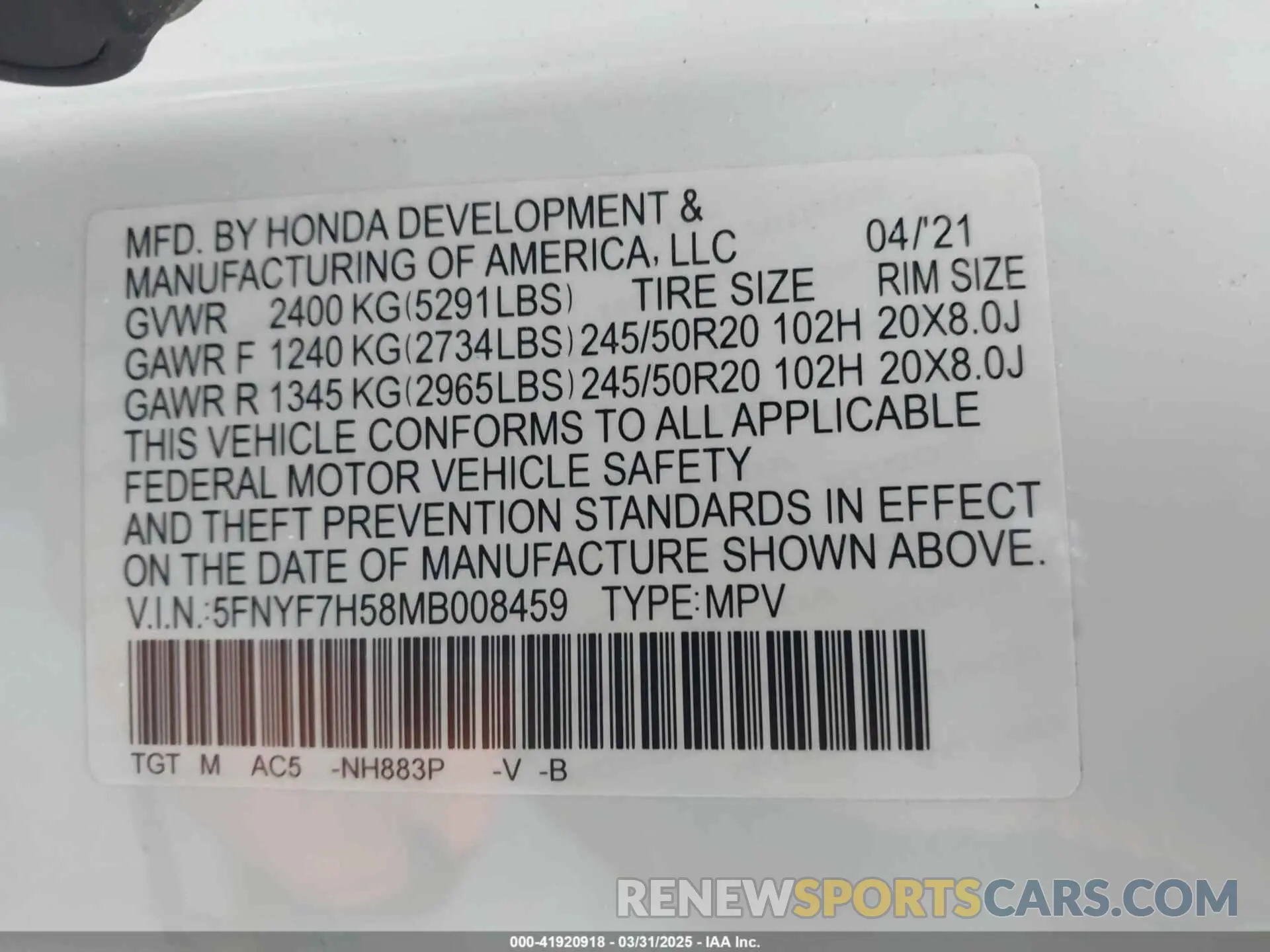 9 Photograph of a damaged car 5FNYF7H58MB008459 HONDA PASSPORT 2021