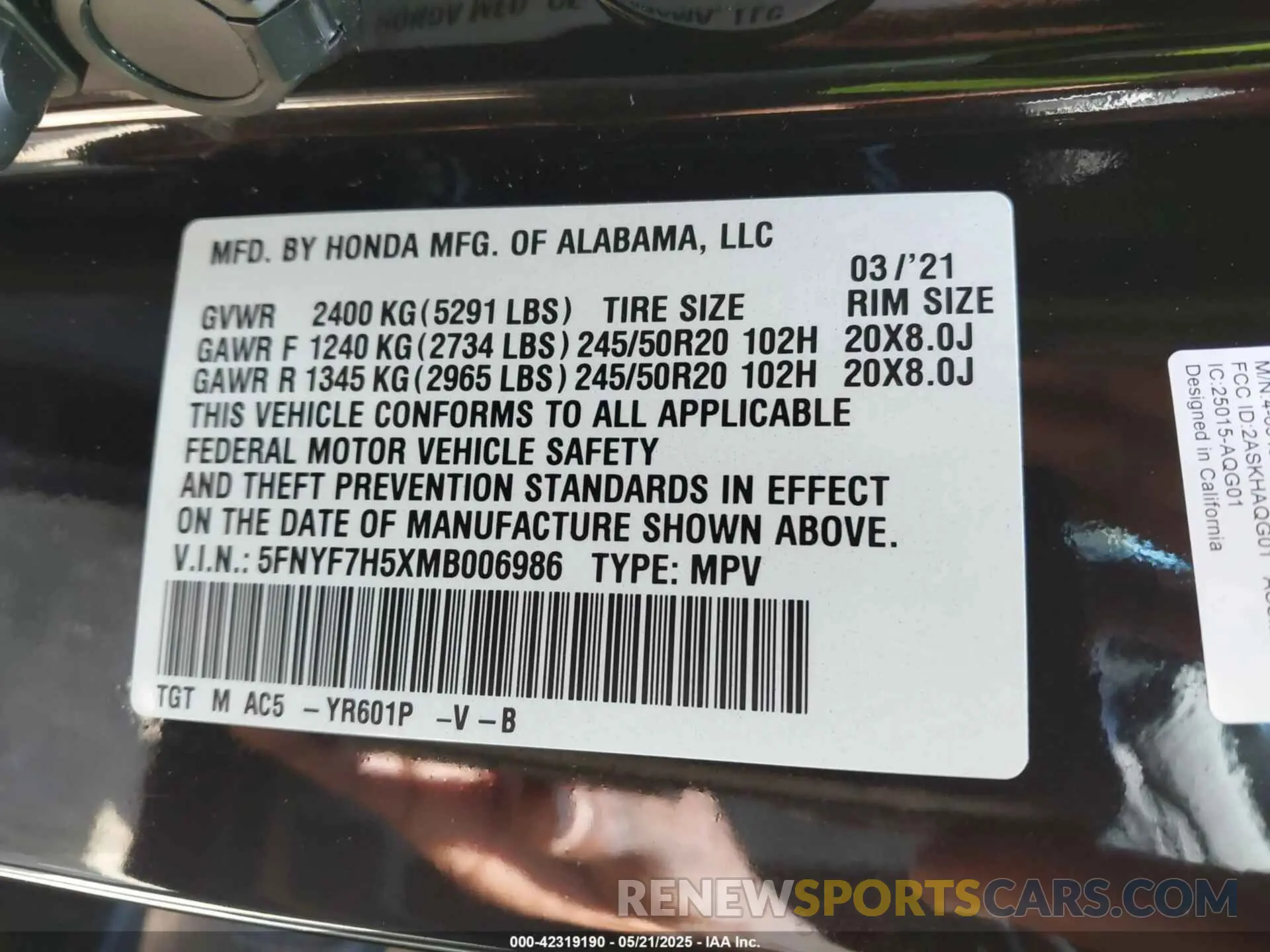 9 Photograph of a damaged car 5FNYF7H5XMB006986 HONDA PASSPORT 2021