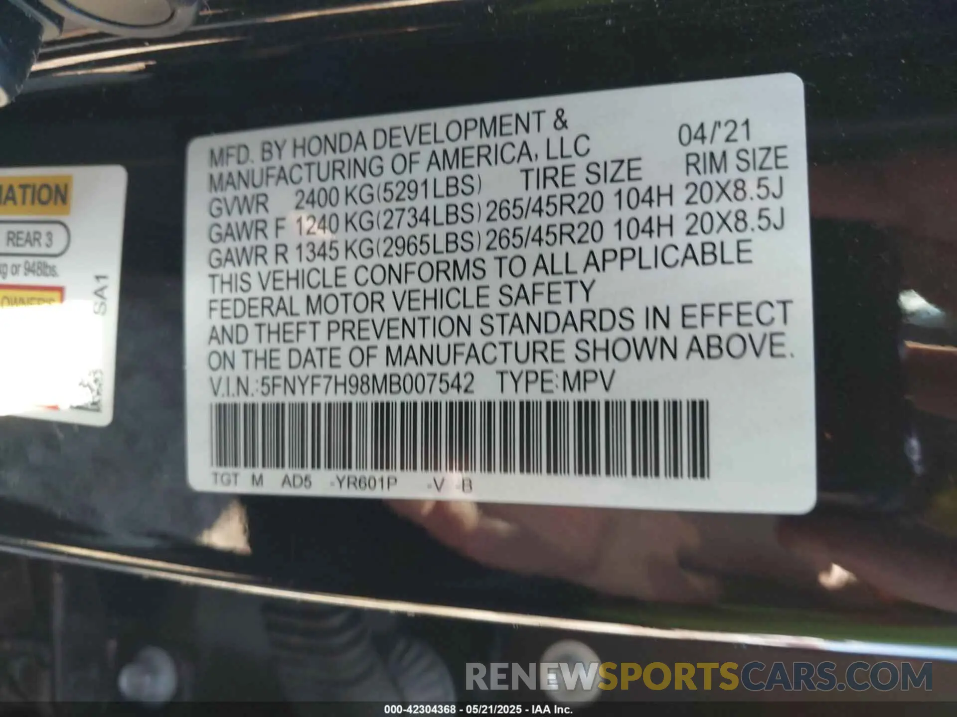 9 Photograph of a damaged car 5FNYF7H98MB007542 HONDA PASSPORT 2021