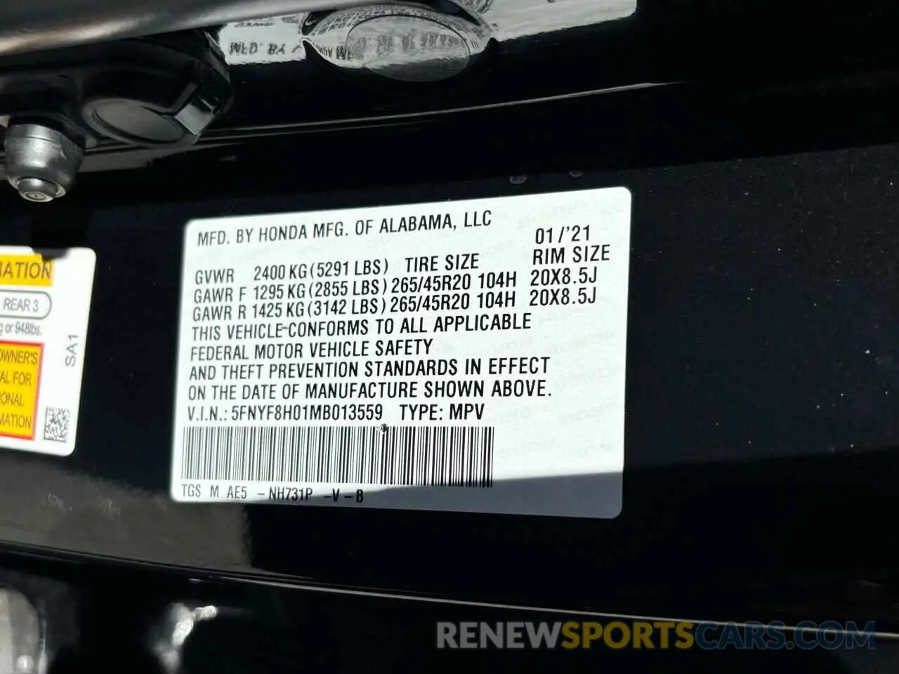 10 Photograph of a damaged car 5FNYF8H01MB013559 HONDA PASSPORT 2021