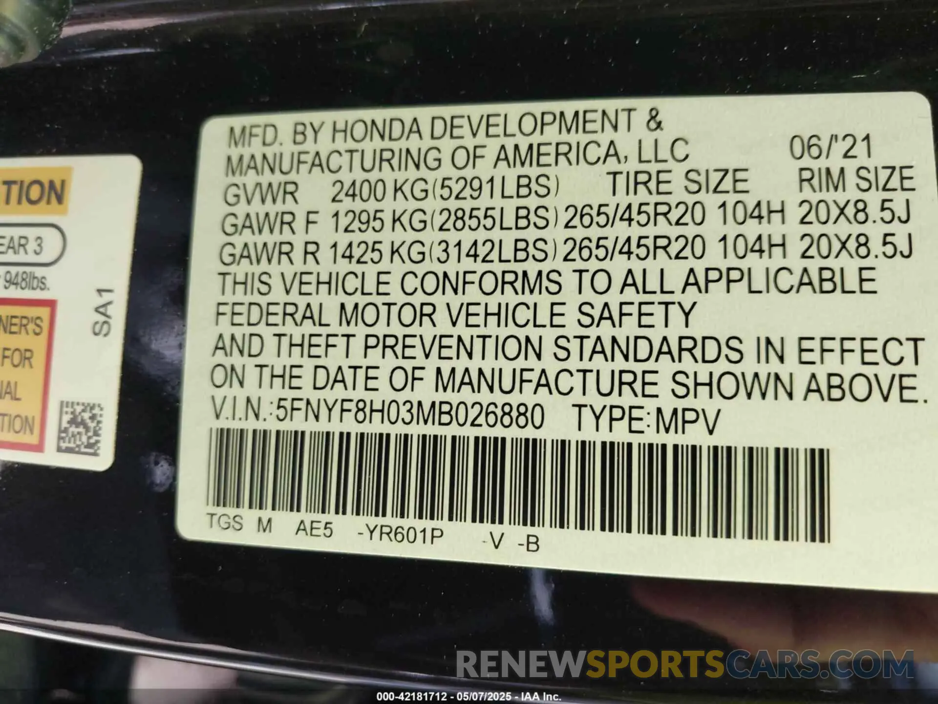 9 Photograph of a damaged car 5FNYF8H03MB026880 HONDA PASSPORT 2021