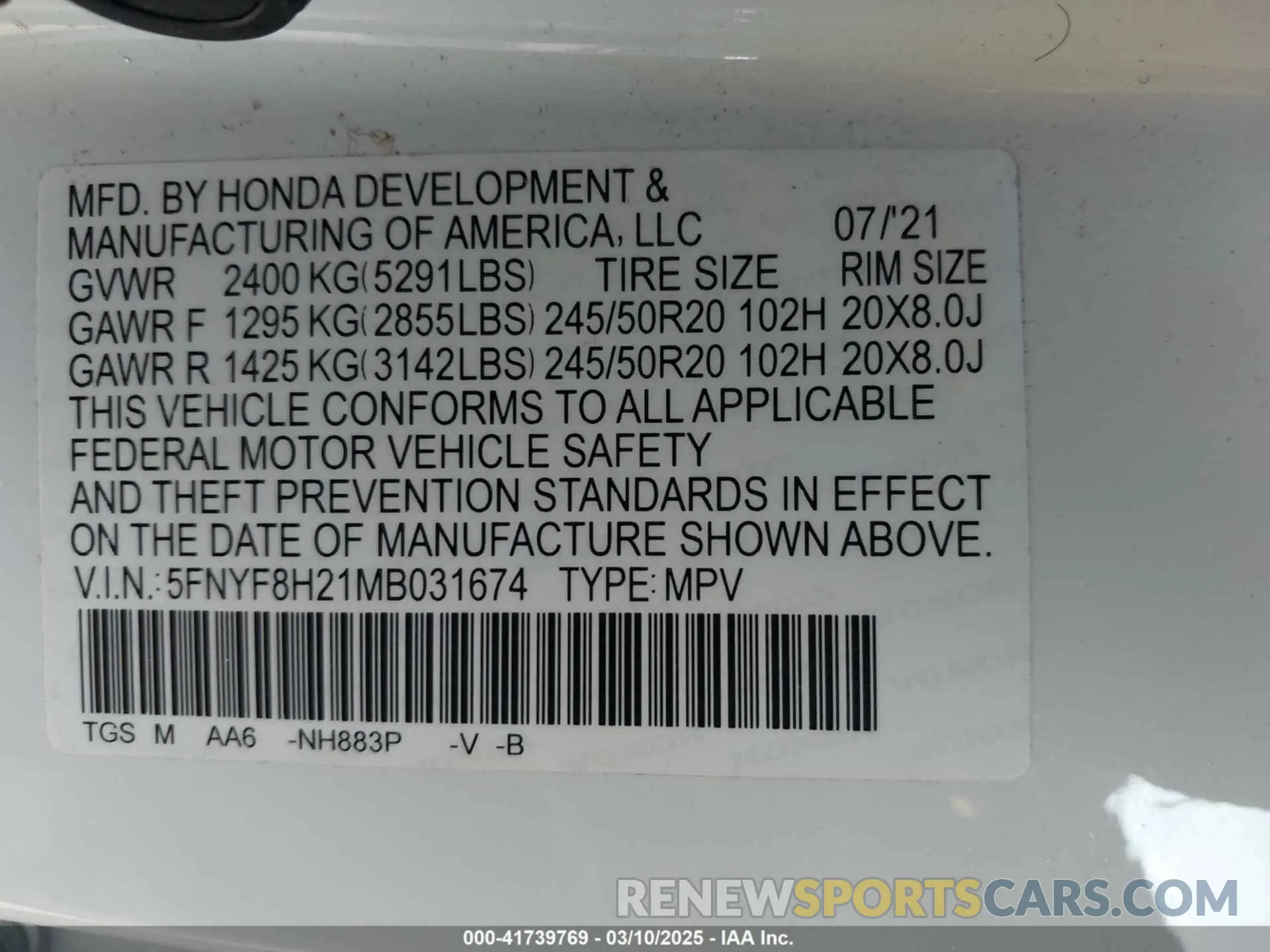 9 Photograph of a damaged car 5FNYF8H21MB031674 HONDA PASSPORT 2021