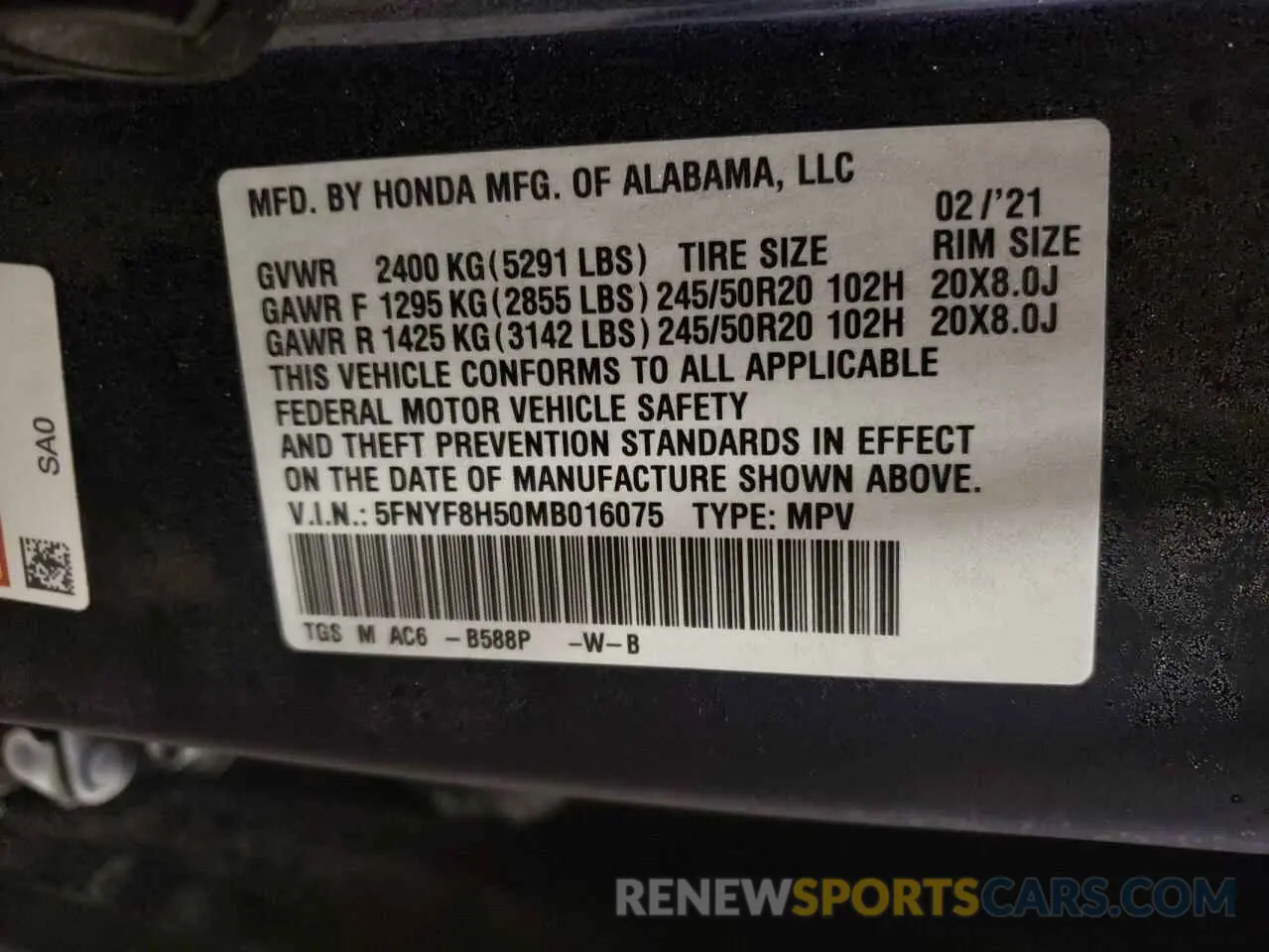 13 Photograph of a damaged car 5FNYF8H50MB016075 HONDA PASSPORT 2021